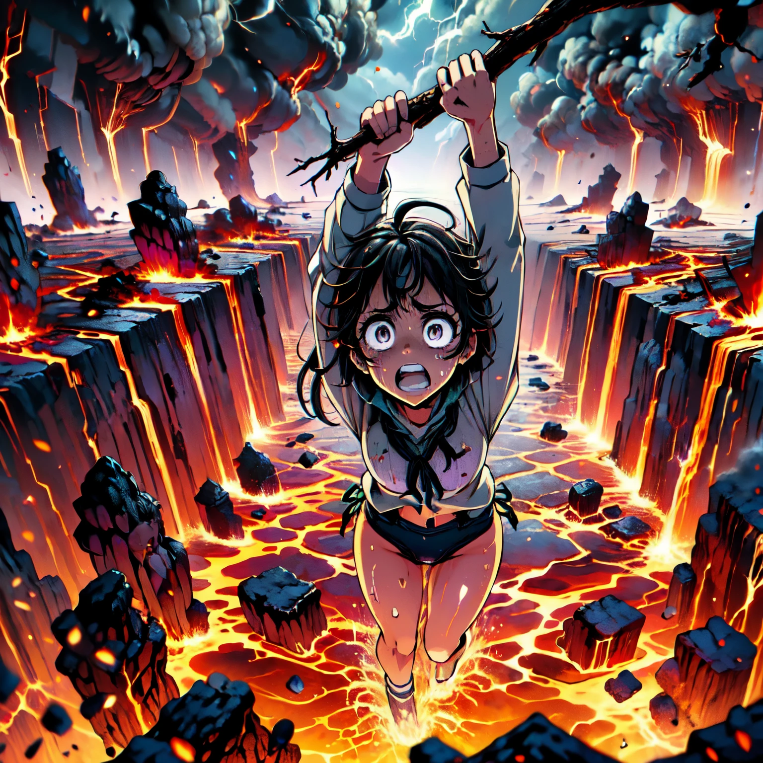 masterpiece,best quality,highly detailed,1girl,solo,scared,raised eyebrows,constricted pupils,surprised,clenched teeth,sweat,sweatdrop,purple eyes,black hair,long hair,lycoris uniform,green ribbon,long sleeves,black gymnastics bloomers,high leg,self wedgie,collared shirt,kneehighs,
BREAK
(((hanging from branch in high position, arms up))),hanging from branch,holding branch,grabbing branch,close-up,outdoors,foreshortening,perspective,from above,scenery,(((fire,lave, fire storm,))),