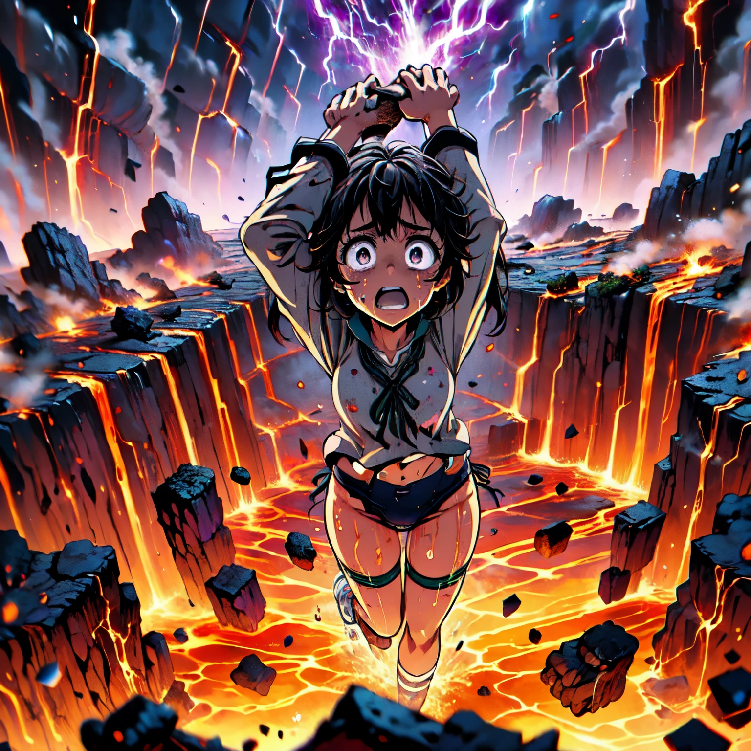 masterpiece,best quality,highly detailed,1girl,solo,scared,raised eyebrows,constricted pupils,surprised,clenched teeth,sweat,sweatdrop,purple eyes,black hair,long hair,lycoris uniform,green ribbon,long sleeves,black gymnastics bloomers,high leg,self wedgie,collared shirt,kneehighs,
BREAK
(((hanging from branch in high position, arms up))),hanging from branch,holding branch,grabbing branch,close-up,outdoors,foreshortening,perspective,from above,scenery,(((fire,lave, fire storm,))),