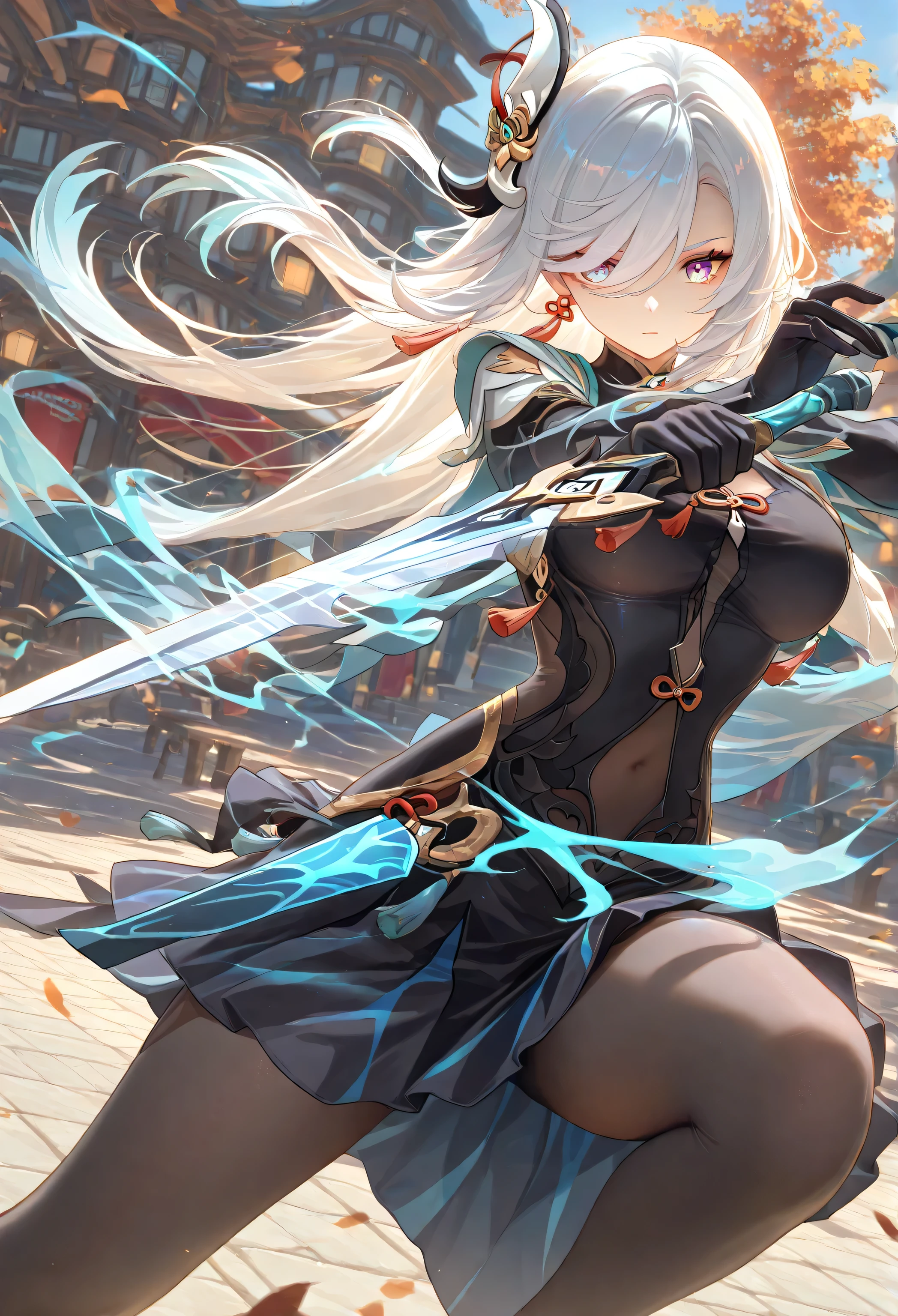 1 girl, Shen He\( Genshin\),skirt,skirt,Lace, Dynamic fighting, outdoor, Highly detailed, High Contrast, ray tracing, best lighting , cinematic composition, Pretty faces , best quality, Very beautiful, Ultra High Resolution, detailed background, comics, Pastel Details ,See, Cafe with a soft atmosphere , style, solo,carefully crafted hair and eyes,holding a weapon,Armed with one hand,Reasonable Posture,Advanced CG illustration