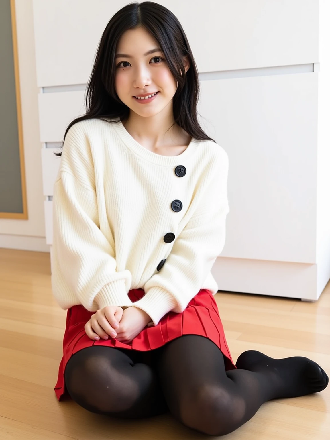 Japanese woman dressed as an office lady、A big smile,(((Sitting with Knees Up on sofa at living, spread legs,:1.3)))、Raise your hands above your head、
(((masterpiece))), ((highest quality)), ((Intricate details)), (((Super realistic)), An absurd solution, Near and far, Very detailed, Realistic, One Girl, ((Big and ample breasts under the t-shirt)), Perfect hands, Detailed fingers, Beautiful and fine details, short hair,,(Black tight skirt:1.2), Detailed Background、Bright interior,White blouse, Perfect Eyes, Captivating eyes, Look at the viewers, from the front、Laughter、Mole on the mouth,black tights、black lace panties,black foot stocking