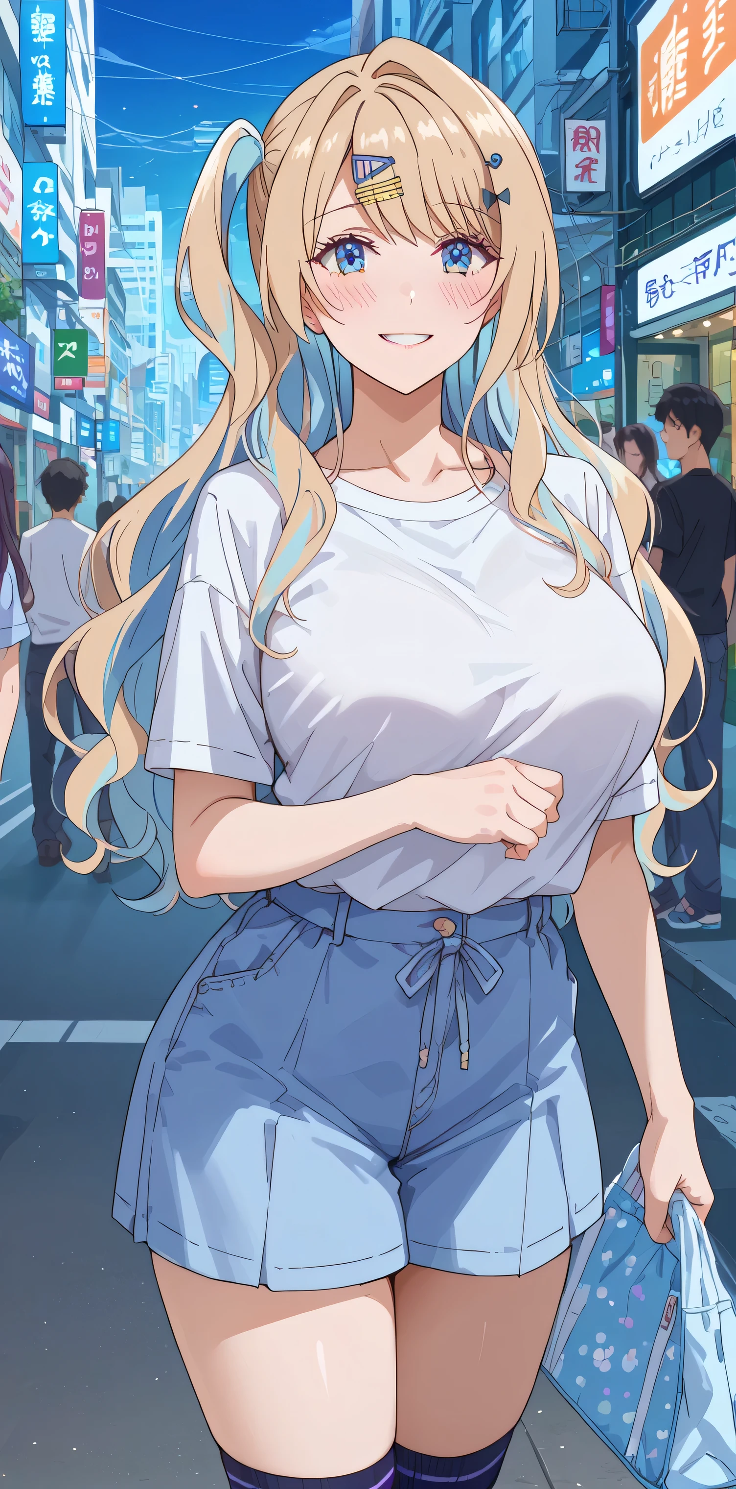 , for girls, luna shirakawa, long hair, blue eyes, blonde hair, hair ornament, bow, multicolored hair, hairclip, Fraction_9, Fraction_8_up, Fraction_7_up, source_Japanese cartoon, masterpiece,The best quality, huge breasts, gorgeous restoration, Black Tubular Top , FOR GIRLS, Umbilical cord, watching viewers, Standing in the Middle of a Crowd , late at night city background, blush, Awkward, Smile, [sock, Loose [sock,