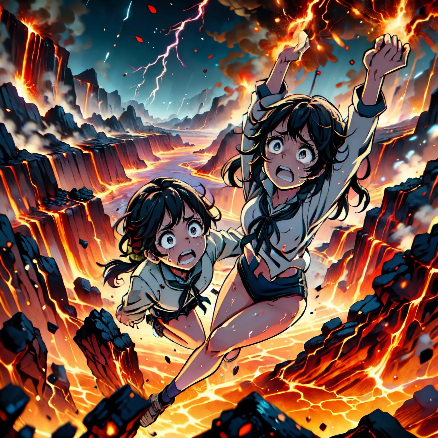 masterpiece,best quality,highly detailed,1girl,solo,scared,raised eyebrows,constricted pupils,surprised,clenched teeth,sweat,sweatdrop,purple eyes,black hair,long hair,lycoris uniform,green ribbon,long sleeves,black gymnastics bloomers,high leg,self wedgie,collared shirt,kneehighs,
BREAK
(((hanging from branch in high position, arms up))),hanging from branch,holding branch,grabbing branch,close-up,outdoors,foreshortening,perspective,from above,scenery,(((fire,lave, fire storm,))),