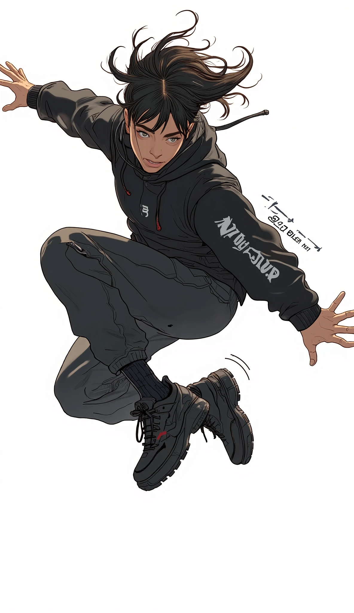 focuses only on the subject's physical shape and clothing There is a、dressed in full-body black sportswear. personal, emphasizes moments of vitality and physical expression, character sneakers, The person's clothes contrast clearly with the pure white background of the image {x} and it looks like they are leaping or spinning with their right arm extended with an emphasized gesture {x}. dynamic image of a person captured in the air during dance or movement, hoodies and loose pants. includes, It looks like he is leaping or spinning with his right arm extended in, conveys a strong sense of movement and energy. has bright, even lighting, eliminate shadows with thick soled shoes、suggests an emphasis on performance and comfort. The overall composition、emphasizes smoothness of movement and agility.