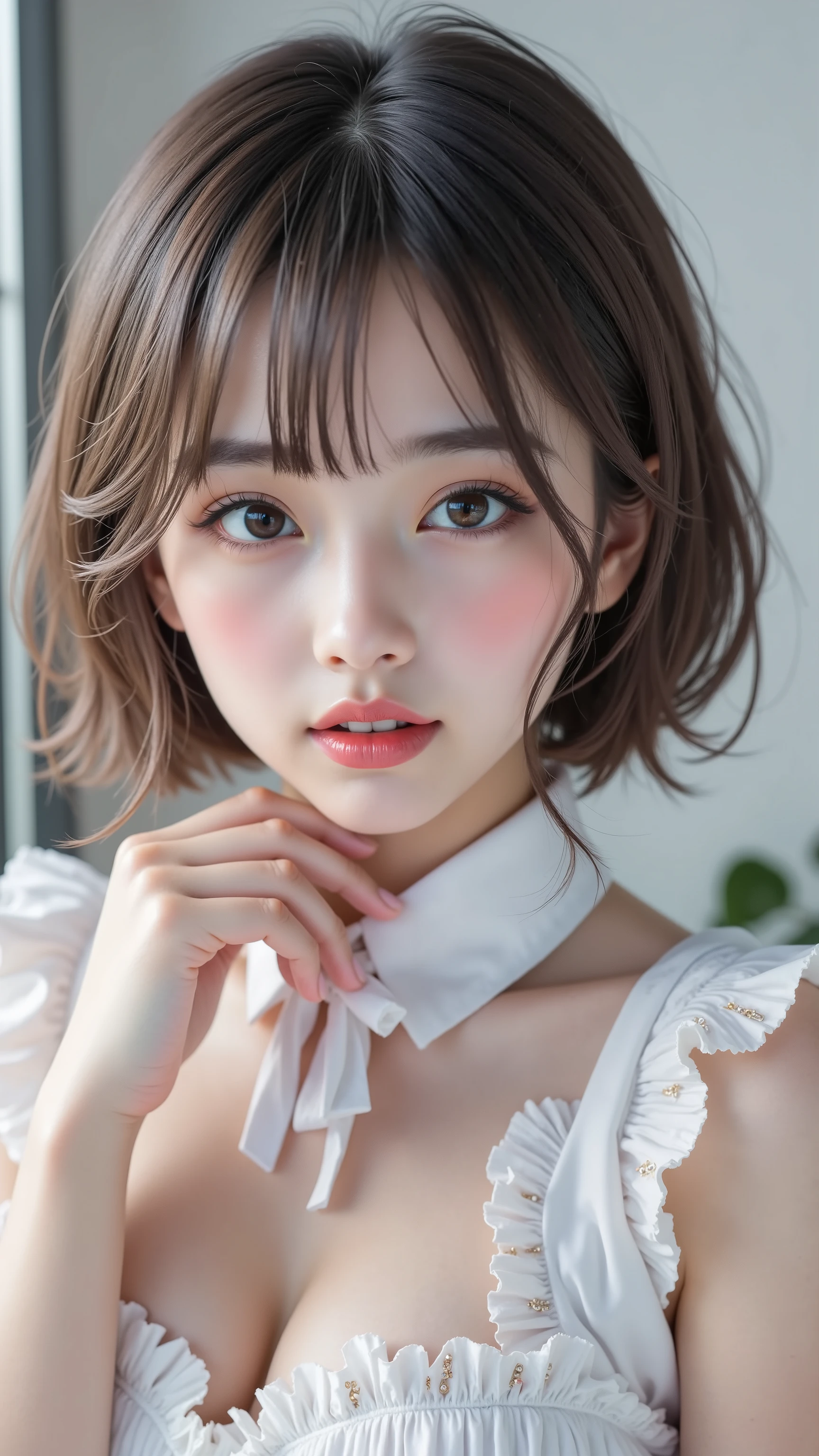 (Highest Quality、8k、32K、masterpiece、super high resolution:1.2)、
(Japanese Idol)、(your name、cute Japanese girl)、tall、((giant chest、 cleft))、((A two-side up hairstyle that takes hold of the wind))、Blush、Moisturizing Lips、cute side bang、bang、((Thin Fabric、cutout、Frill Dress))、(thin legs、tight waist)、( on the roof、fantasy space)、(high school students)、(Highest Quality、best quality、全身のmasterpiece)、photoreality similar to a child actress、ultra high definition