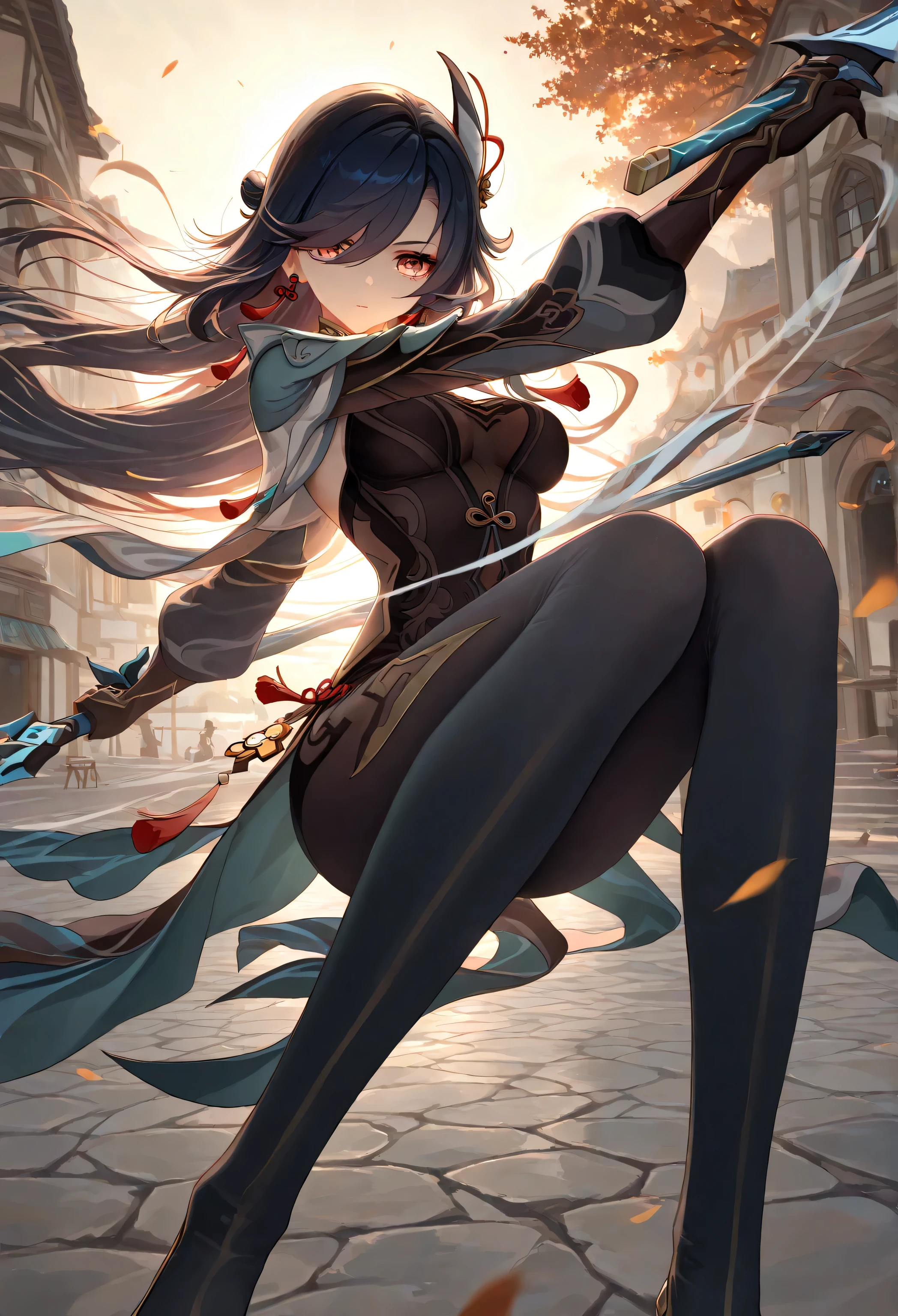 1 girl, Shen He\( Genshin\),Lace, Dynamic fighting, outdoor, Highly detailed, High Contrast, ray tracing, best lighting , cinematic composition, Pretty faces , best quality, Very beautiful, ultra-high resolution, detailed background, comics, Pastel Details ,See, Cafe with a soft atmosphere , style, solo,carefully crafted hair and eyes,holding a weapon,Armed with one hand,Reasonable Posture,Advanced CG illustration