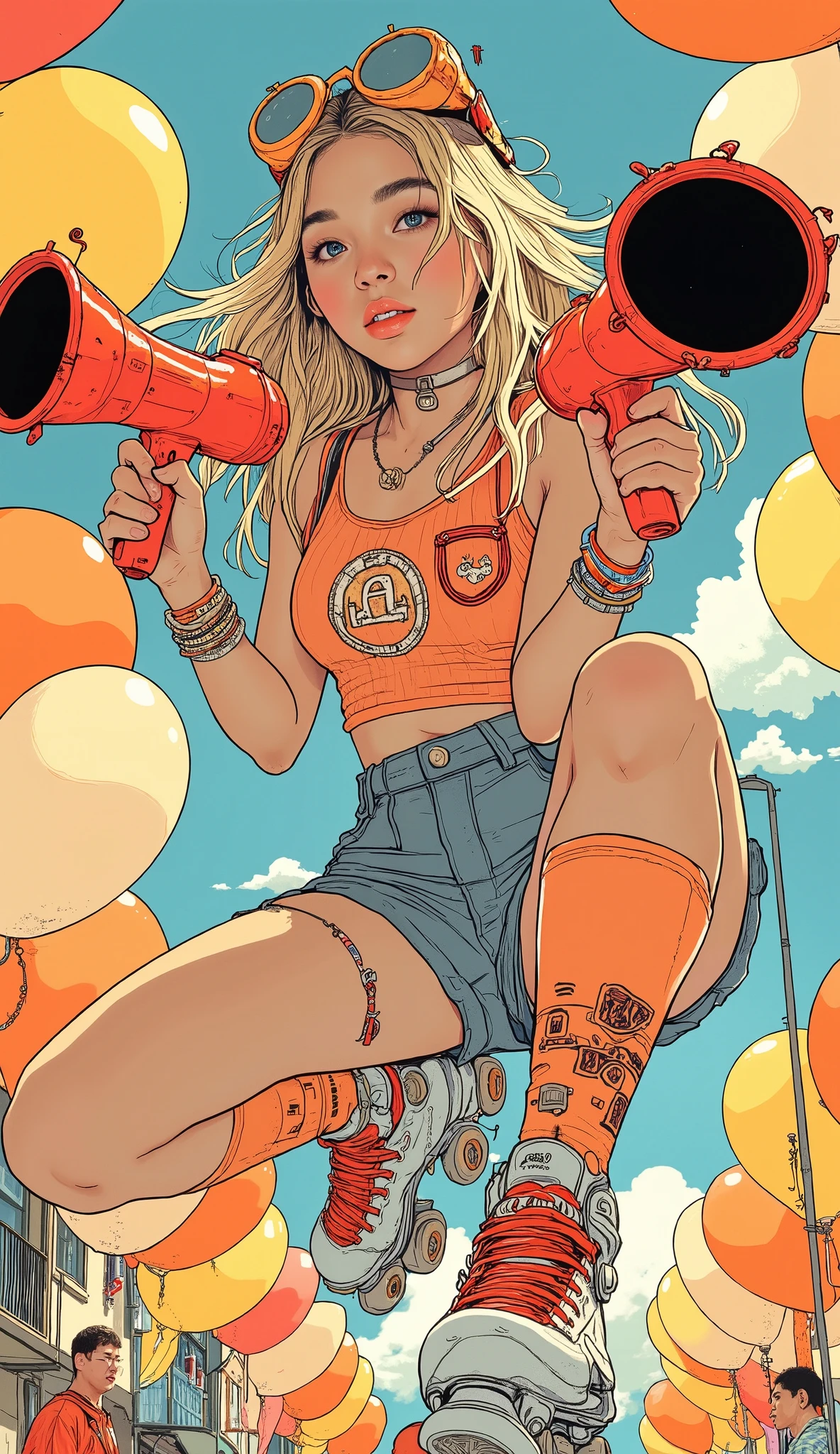 knee-length socks decorated with, A woman in roller skating reminiscent of a vibrant sport {x} captures a lively and energetic stance. is a vibrant color combination: a red and Orange on Back top paired with a short, stripes The Freeley Cart. She is surrounded by colorful balloons such as yellow, Orange on Back, and cream-colored stripes, and complement roller skates, Grasp、bright red shoelaces. wavy blond hair flowing down, Add movement to an image. In her hands, large red and black red and black megaphones, with a military style hat and long, Vocal presence. bracelets surround the wrist, character. , and her outfit is a dynamic illustration depicting, exudes enthusiasm and playful energy, festival scene with、highlights her lively figure。{x} cartoon-style shadows and contours、that highlights the vitality and spirit of the bold.beautiful hands、anatomically correct、