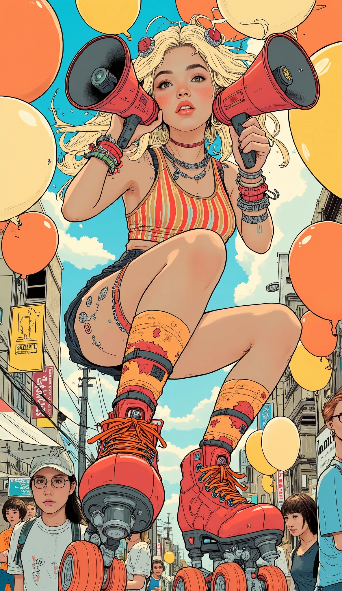 knee-length socks decorated with, A woman in roller skating reminiscent of a vibrant sport {x} captures a lively and energetic stance. is a vibrant color combination: a red and Orange on Back top paired with a short, stripes The Freeley Cart. She is surrounded by colorful balloons such as yellow, Orange on Back, and cream-colored stripes, and complement roller skates, Grasp、bright red shoelaces. wavy blond hair flowing down, Add movement to an image. In her hands, large red and black red and black megaphones, with a military style hat and long, Vocal presence. bracelets surround the wrist, character. , and her outfit is a dynamic illustration depicting, exudes enthusiasm and playful energy, festival scene with、highlights her lively figure。{x} cartoon-style shadows and contours、that highlights the vitality and spirit of the bold.beautiful hands、anatomically correct、