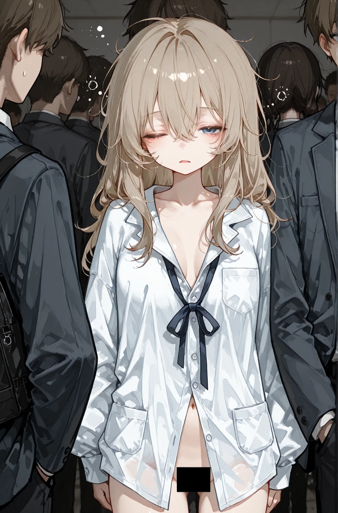 multiple innocent censoring,,  dachu, sleepy girl, artistic, ashamed, surrounded by man