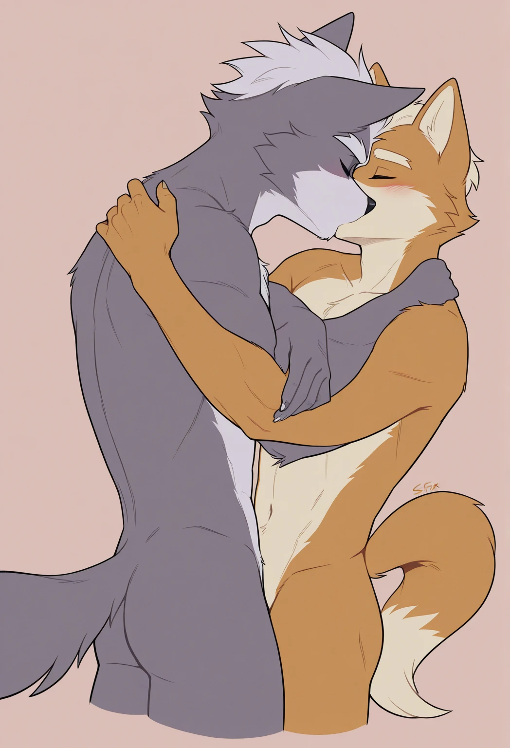 male cub kid pup small male anthro, grey cat, with pink nose, yellow eyes, is sucking the penis of an adult crimson fox, thin body, penis on mouth, side view, duo, age difference, adult on cub, fellation, forced fellation, eyes closed, hands on head, full body, on knees