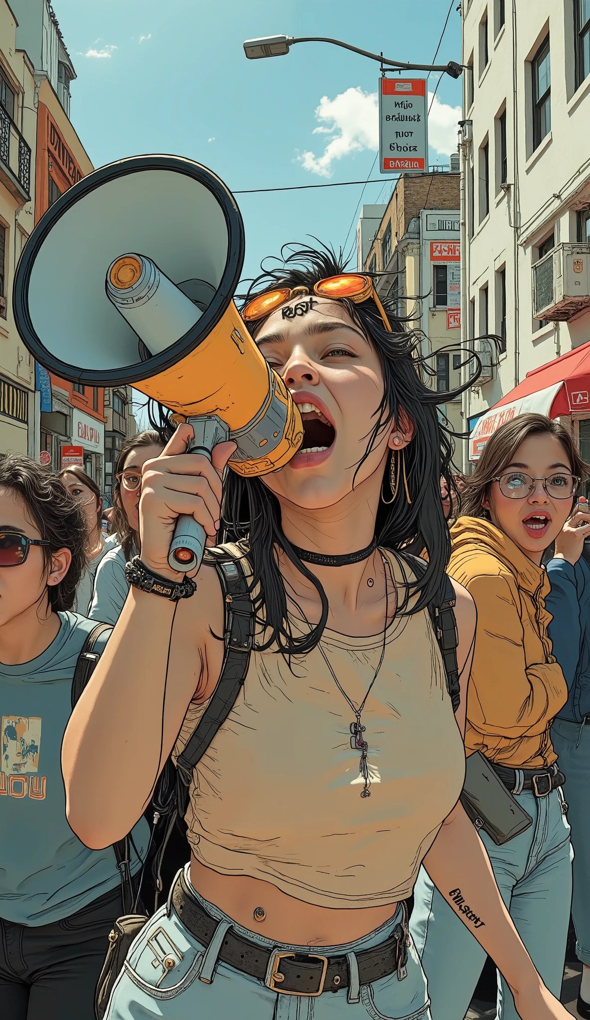 unfriendly woman holding a megaphone gesturing with her hand, screaming, screaming, people Screaming, Screaming screaming, ist, calling for action, high quality image, loud , , someone is Screaming, screaming furiously, Screaming, agile young woman, noisy, Advertising images, cool marketing photo, speakers,  speech , marketing photo