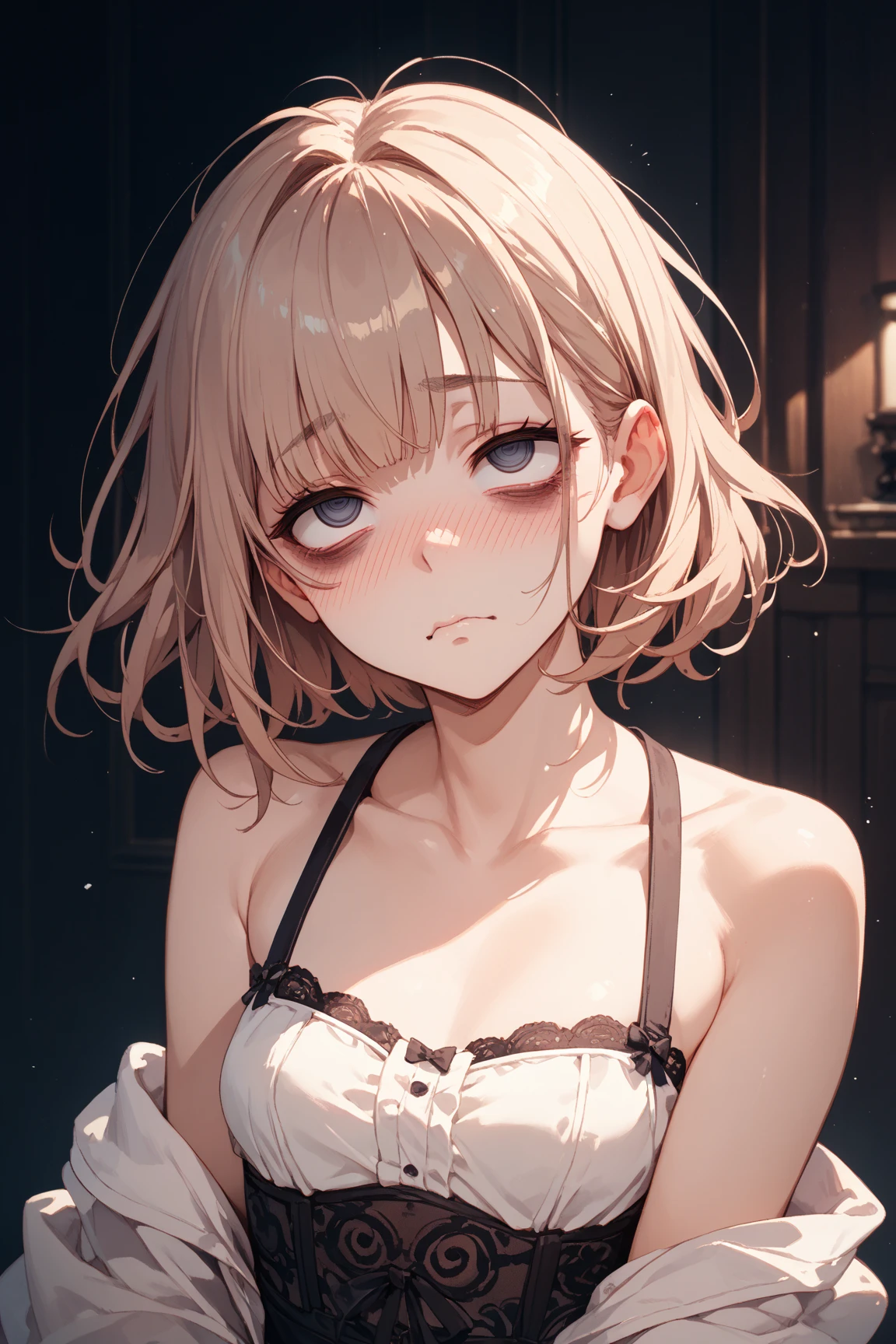(8k, best quality, masterpiece:1.2),(best quality:1.0), (ultra highres:1.0), pastelcolor, hair ribbon,lycoris recoil, lesbian, chisato nishikigi, extremely lewd expression on face , nsfw, making eye contact with viewer, hip level shot, chisato pressing together her own breasts, chisato nishikigi presenting breasts, athletic body, illuminated blank background, chisatonishikigi stripping pink bikini off, slender body, (1subject), glowing red eyes, chisato has tears streaming down her face, full body,