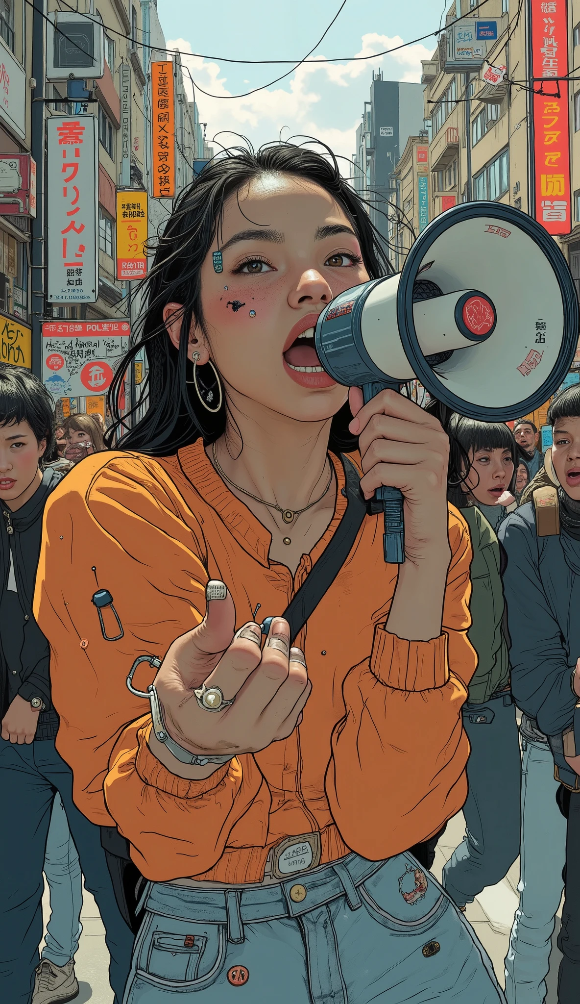 unfriendly woman holding a megaphone gesturing with her hand, screaming, screaming, people Screaming, Screaming screaming, ist, calling for action, high quality image, loud , , someone is Screaming, screaming furiously, Screaming, agile young woman, noisy, Advertising images, cool marketing photo, speakers,  speech , marketing photo