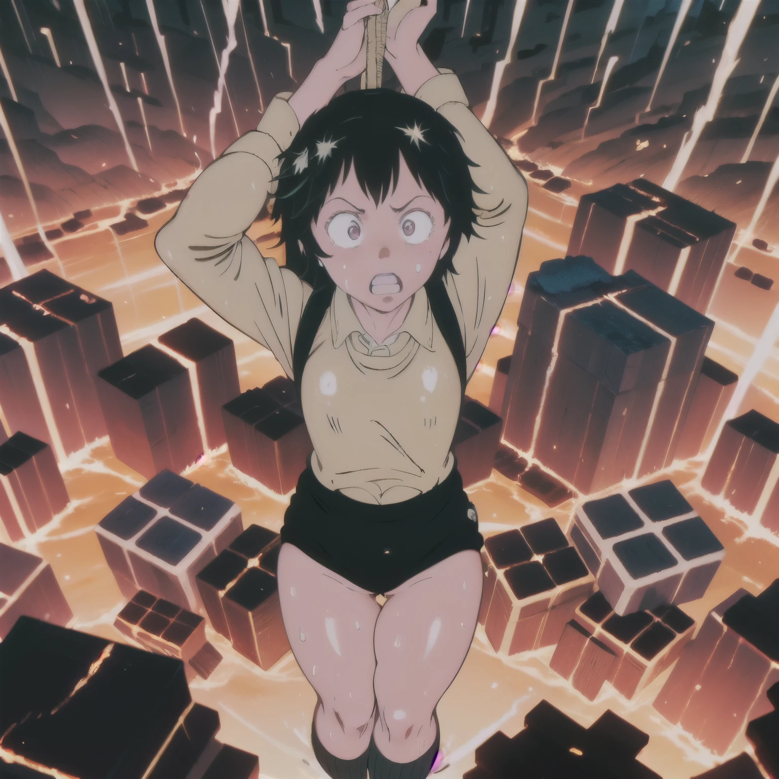 masterpiece,best quality,highly detailed,1girl,solo,scared,raised eyebrows,constricted pupils,surprised,clenched teeth,sweat,sweatdrop,purple eyes,black hair,long hair,lycoris uniform,green ribbon,long sleeves,black gymnastics bloomers,high leg,self wedgie,collared shirt,kneehighs,
BREAK
(((hanging from branch in high position, arms up))),hanging from branch,holding branch,grabbing branch,close-up,outdoors,foreshortening,perspective,from above,scenery,(((fire,lave, fire storm,))),