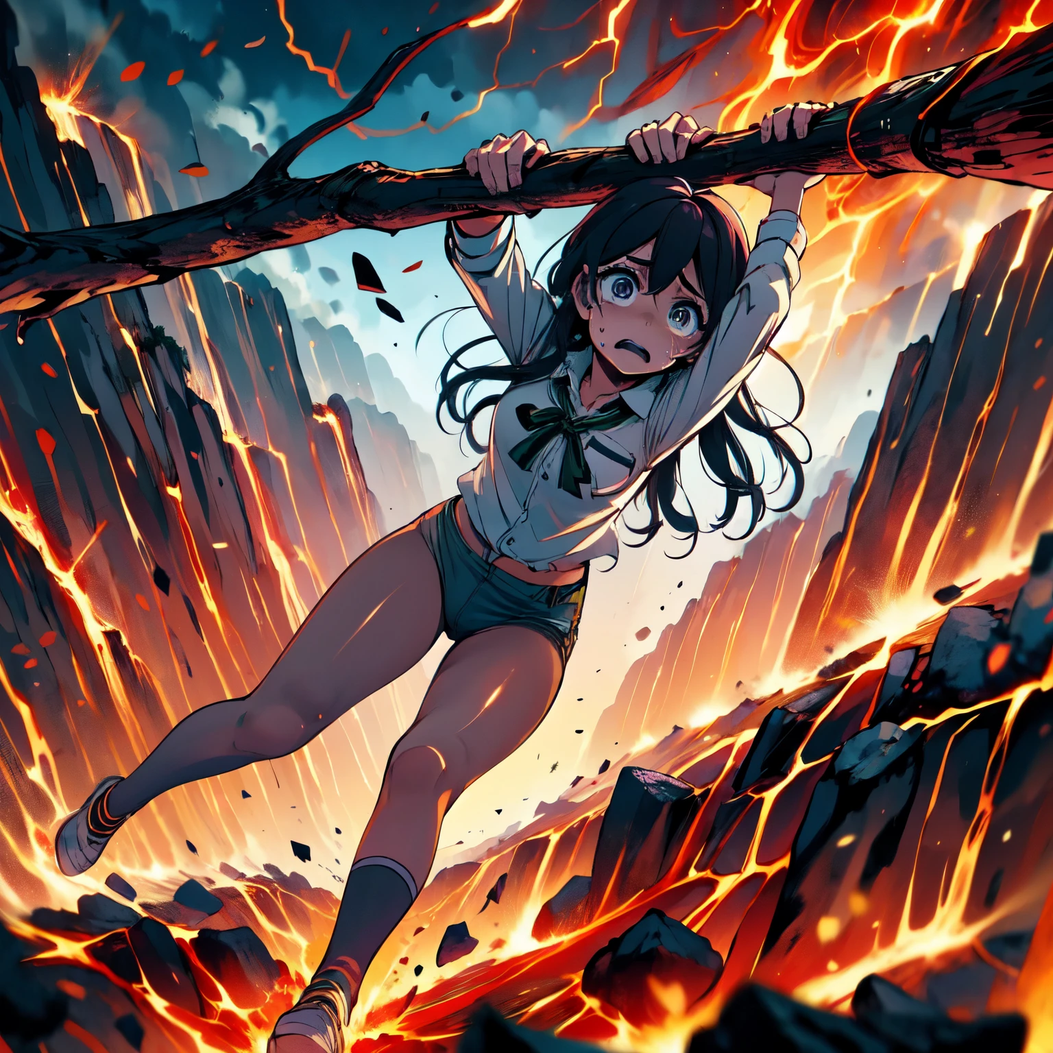 masterpiece,best quality,highly detailed,1girl,solo,scared,raised eyebrows,constricted pupils,surprised,clenched teeth,sweat,sweatdrop,purple eyes,black hair,long hair,lycoris uniform,green ribbon,long sleeves,black gymnastics bloomers,high leg,self wedgie,collared shirt,kneehighs,
BREAK
(((hanging from branch in high position, arms up))),hanging from branch,holding branch,grabbing branch,close-up,outdoors,foreshortening,perspective,from above,scenery,(((fire,lave, fire storm,))),