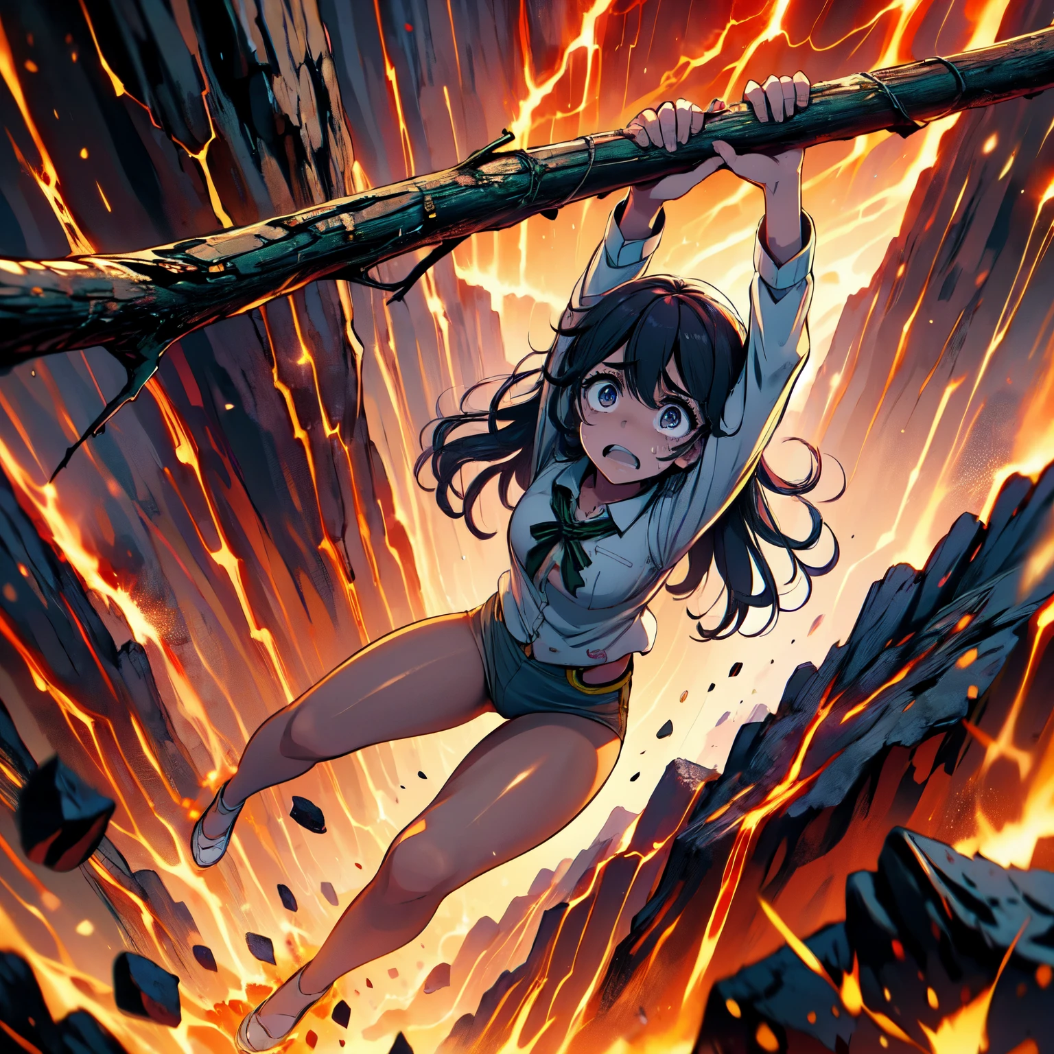 masterpiece,best quality,highly detailed,1girl,solo,scared,raised eyebrows,constricted pupils,surprised,clenched teeth,sweat,sweatdrop,purple eyes,black hair,long hair,lycoris uniform,green ribbon,long sleeves,black gymnastics bloomers,high leg,self wedgie,collared shirt,kneehighs,
BREAK
(((hanging from branch in high position, arms up))),hanging from branch,holding branch,grabbing branch,close-up,outdoors,foreshortening,perspective,from above,scenery,(((fire,lave, fire storm,))),