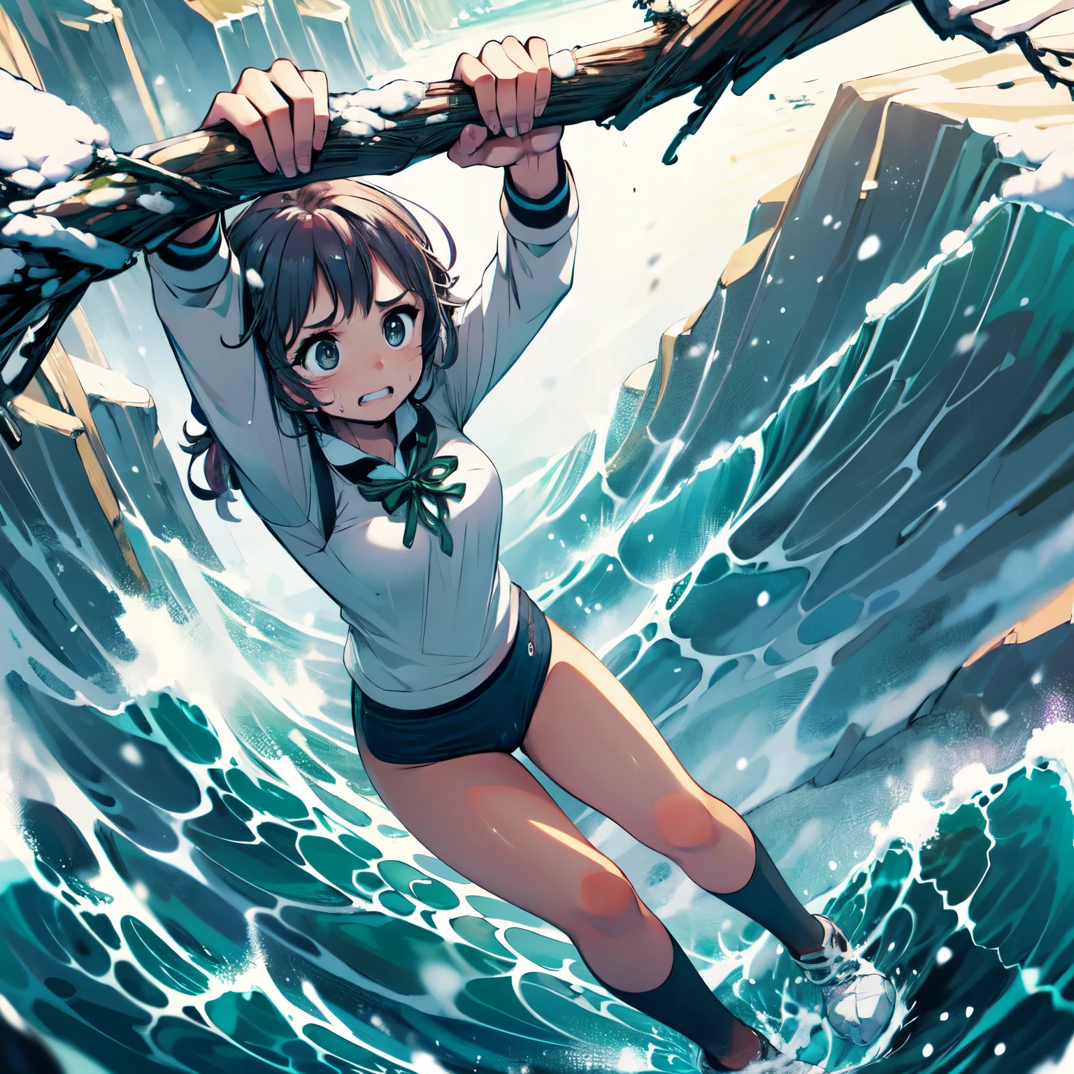 masterpiece,best quality,highly detailed,1girl,solo,scared,raised eyebrows,constricted pupils,surprised,clenched teeth,sweat,sweatdrop,purple eyes,black hair,long hair,lycoris uniform,green ribbon,long sleeves,black gymnastics bloomers,high leg,self wedgie,collared shirt,kneehighs,
BREAK
(((hanging from branch in high position, arms up))),hanging from branch,holding branch,grabbing branch,close-up,outdoors,foreshortening,perspective,from above,scenery,(((cliff, snow, snow mountain, iceberg, ocean, wave))),