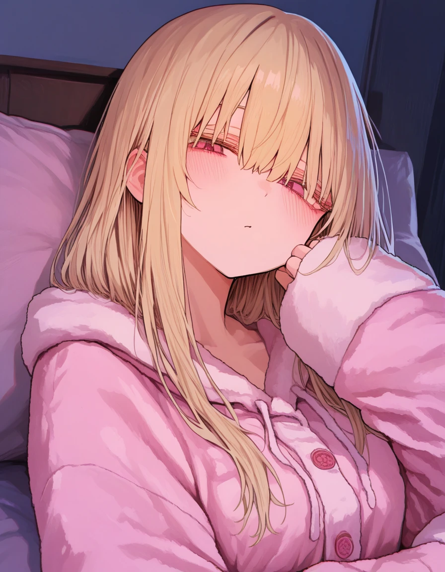 ((Best Quality)), ((Masterpiece)), (detailed), 1 girl, Pastel yellow hair, long hair, hair covers one eye, purple eyes, big breasts, big thighs, large pink hooded sweater, tight black shorts, small white tights, asleep, ojos cerrados