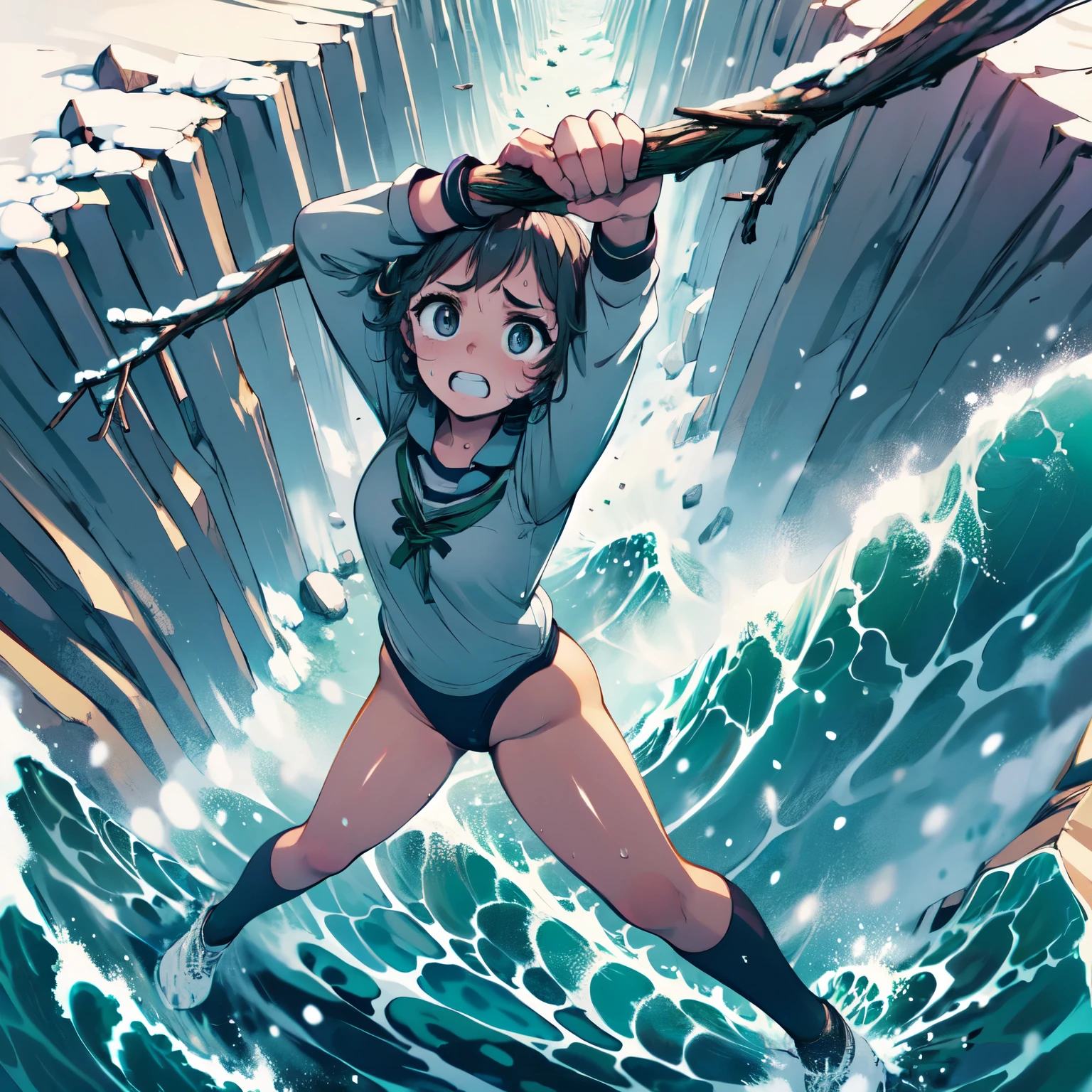 masterpiece,best quality,highly detailed,1girl,solo,scared,raised eyebrows,constricted pupils,surprised,clenched teeth,sweat,sweatdrop,purple eyes,black hair,long hair,lycoris uniform,green ribbon,long sleeves,black gymnastics bloomers,high leg,self wedgie,collared shirt,kneehighs,
BREAK
(((hanging from branch in high position, arms up))),hanging from branch,holding branch,grabbing branch,close-up,outdoors,foreshortening,perspective,from above,scenery,(((cliff, snow, snow mountain, iceberg, ocean, wave))),
