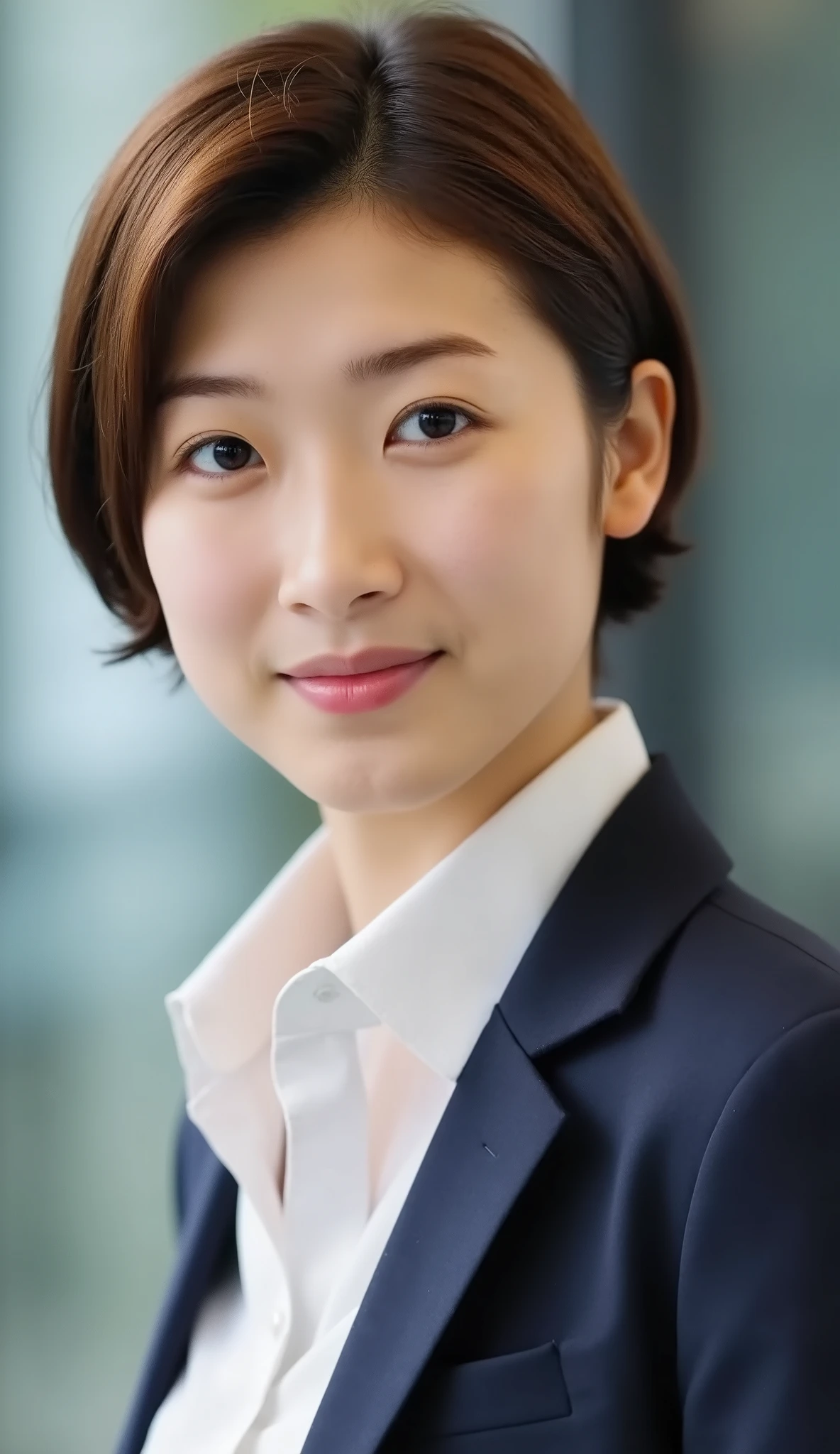 Neat Young Woman、looking at the camera、office lady suit、jacket、shirt、、 髪型ショートカット、、耳にピアス、、顔のクローズアップ、The background is office