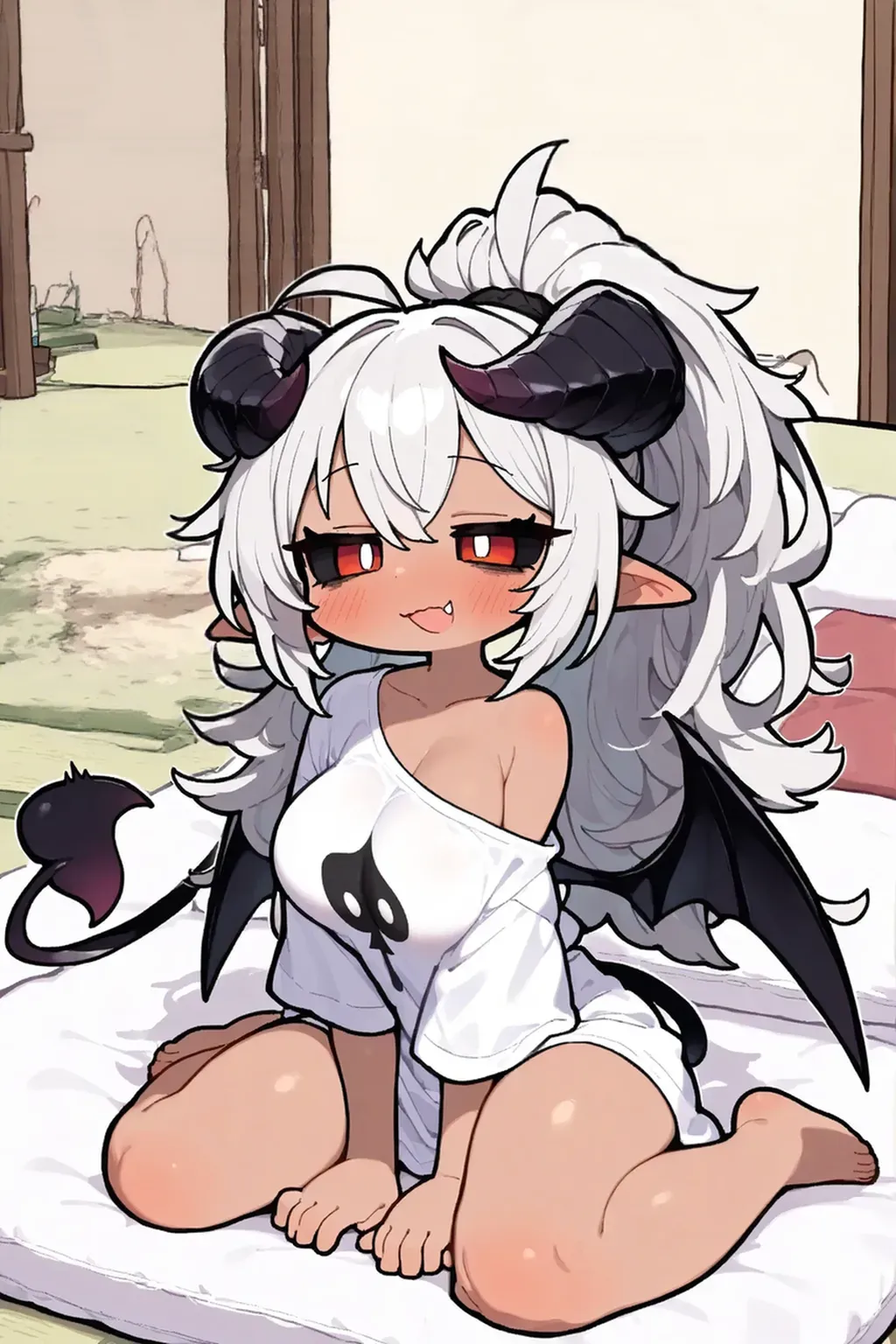 fantasy tavern background, 1girl, (dark skin) trap, illustration, wallpaper (flat chest:1.2) (large ass:1.3) (short person:1.2) (holding daggers in hands:1.3) (large crotch bulge:1.35) (shoulder-length white hair:1.5), goat horns, goat ears (loli:1.3) highly detailed, 4k, 8k, ultra-detailed face, best quality face, friendly smile, croptop, exposed stomach, thigh-highs, thong, adventurer