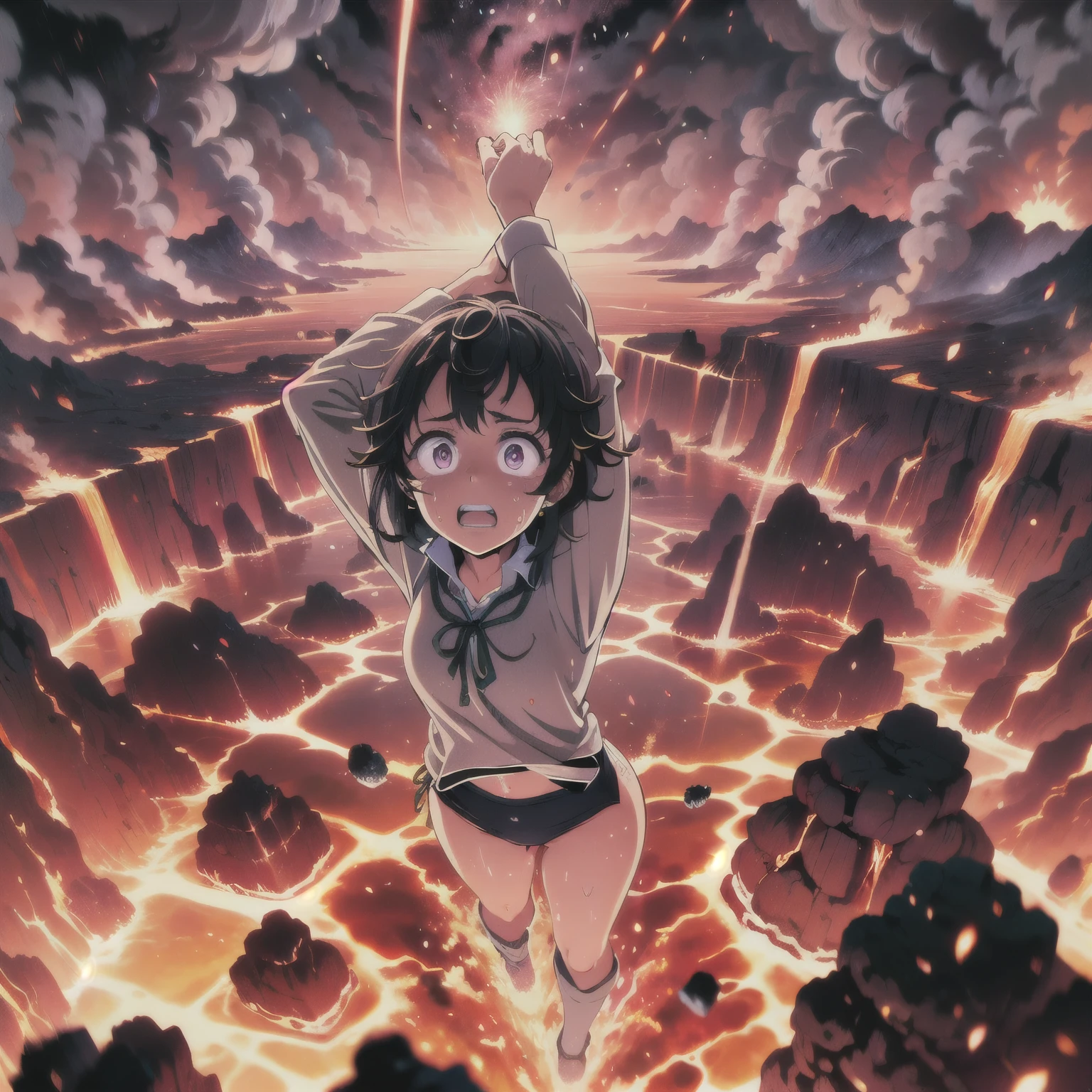 masterpiece,best quality,highly detailed,1girl,solo,scared,raised eyebrows,constricted pupils,surprised,clenched teeth,sweat,sweatdrop,purple eyes,black hair,long hair,lycoris uniform,green ribbon,long sleeves,black gymnastics bloomers,high leg,self wedgie,collared shirt,kneehighs,
BREAK
(((hanging from branch in high position, arms up))),hanging from branch,holding branch,grabbing branch,close-up,outdoors,foreshortening,perspective,from above,scenery,(((fire,lave, fire storm,))),