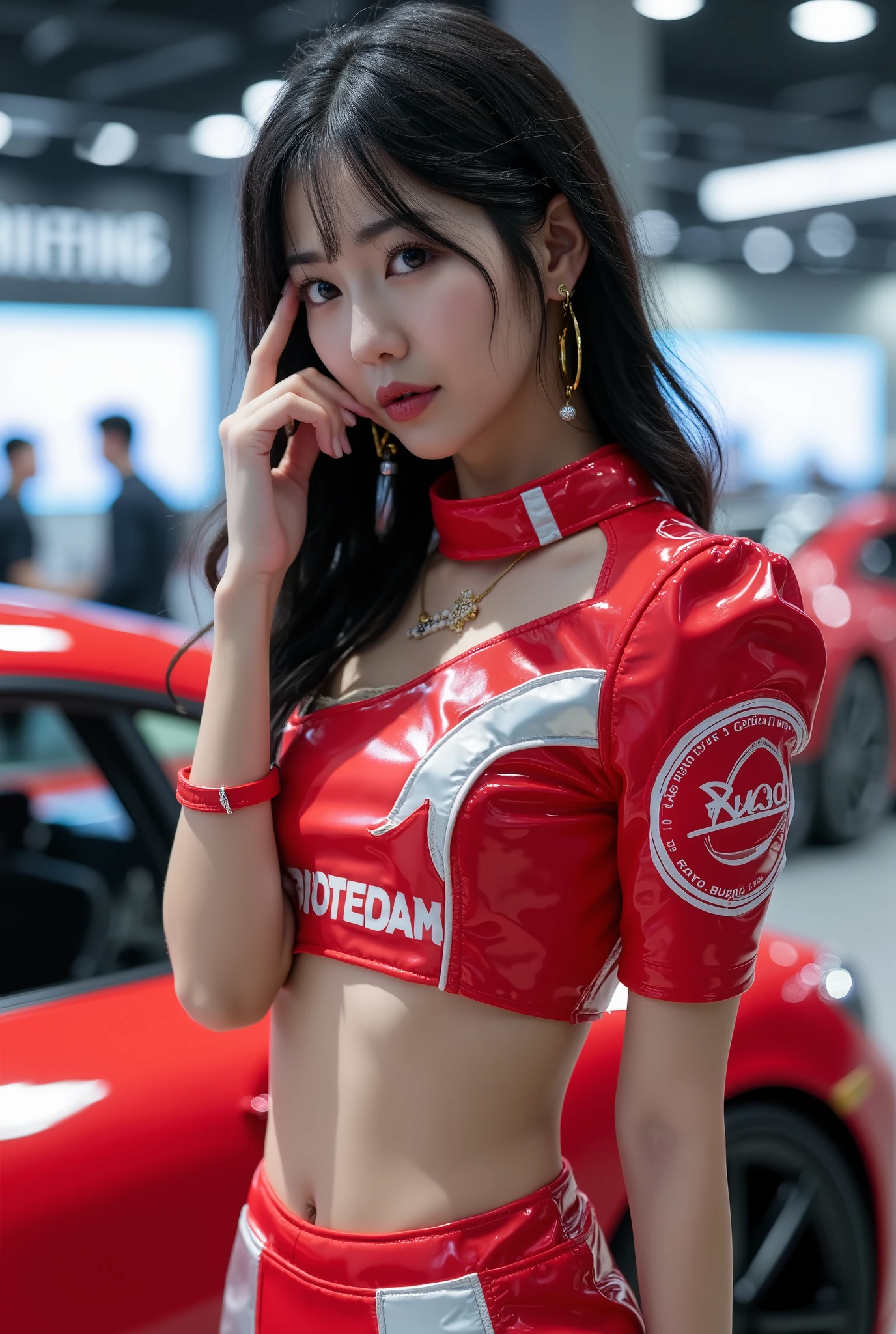 (masterpiece), ( MotoGP Racing Girls), (Eyeliner:0.5),(blush:0.5), Black Hair, A faint smile, Refers to a beautiful and delicate girl, Extremely detailed eyes and face, Beautiful and delicate eyes, , ((MOTOGP events)), (MotoGP track background), (best quality, high resolution, Reality, original, 8K,masterpiece, ),(((Dynamic poses))),(((Mid-abdomen peek))),(((Show under chest ))),(((Red  Lift))),((( inner thighs))),(((Formula One car on display))), (Bright colors:1.2), (Beautifully),
