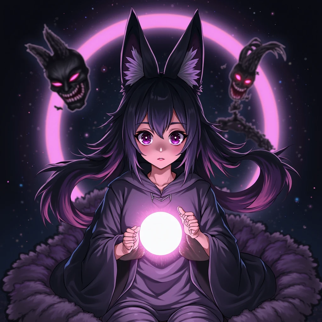 a sexy milf with a blindfold on, has very long purple hair, breasts, showing cleavage, has fox ears, wearing sakura kimono, in a gypsy tent, reading a crystal ball and surrounded by tarot cards, surrounded by candles