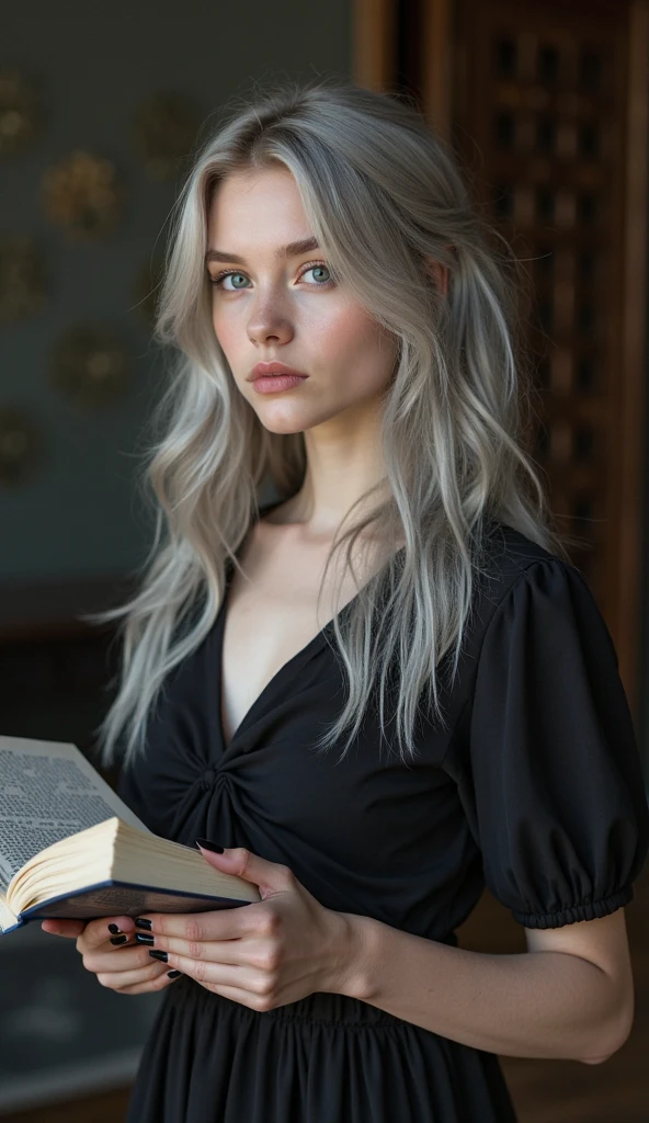Beautiful girl with white skin, light gray hair below the shoulders, with bright shining eyes, Shiny skin, Beautiful черный маникюр, Beautiful nails, pearl skin, in a dark gray voluminous sweater, Beautiful detailed fingers, professional photo, 4K, a high resolution, high detail, aesthetically pleasing, Beautiful, realistic, standing straight, looks straight, beautiful long nails, holding a black book against the backdrop of a black-clad living room.