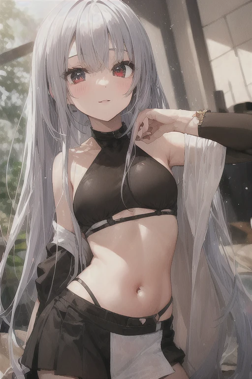 Absurdres masterpiece HDR high quality picture of realistic, 1girl, silver hair, orange eyes, hatsune miku, bikini, beach, light particles, light rays, wallpaper,