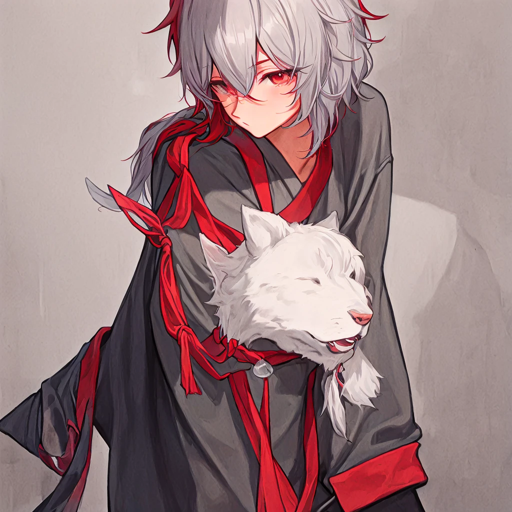 a male white cat'A red rope tied around the neck