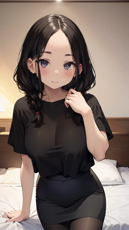 Sexy woman, black hair, single braid, seductive eyes, mouth parted, deep blush, flustered, lustful, beautiful face, amazing makeup, off shoulder t shirt, medium chest, cleavage, pinned against the wall 