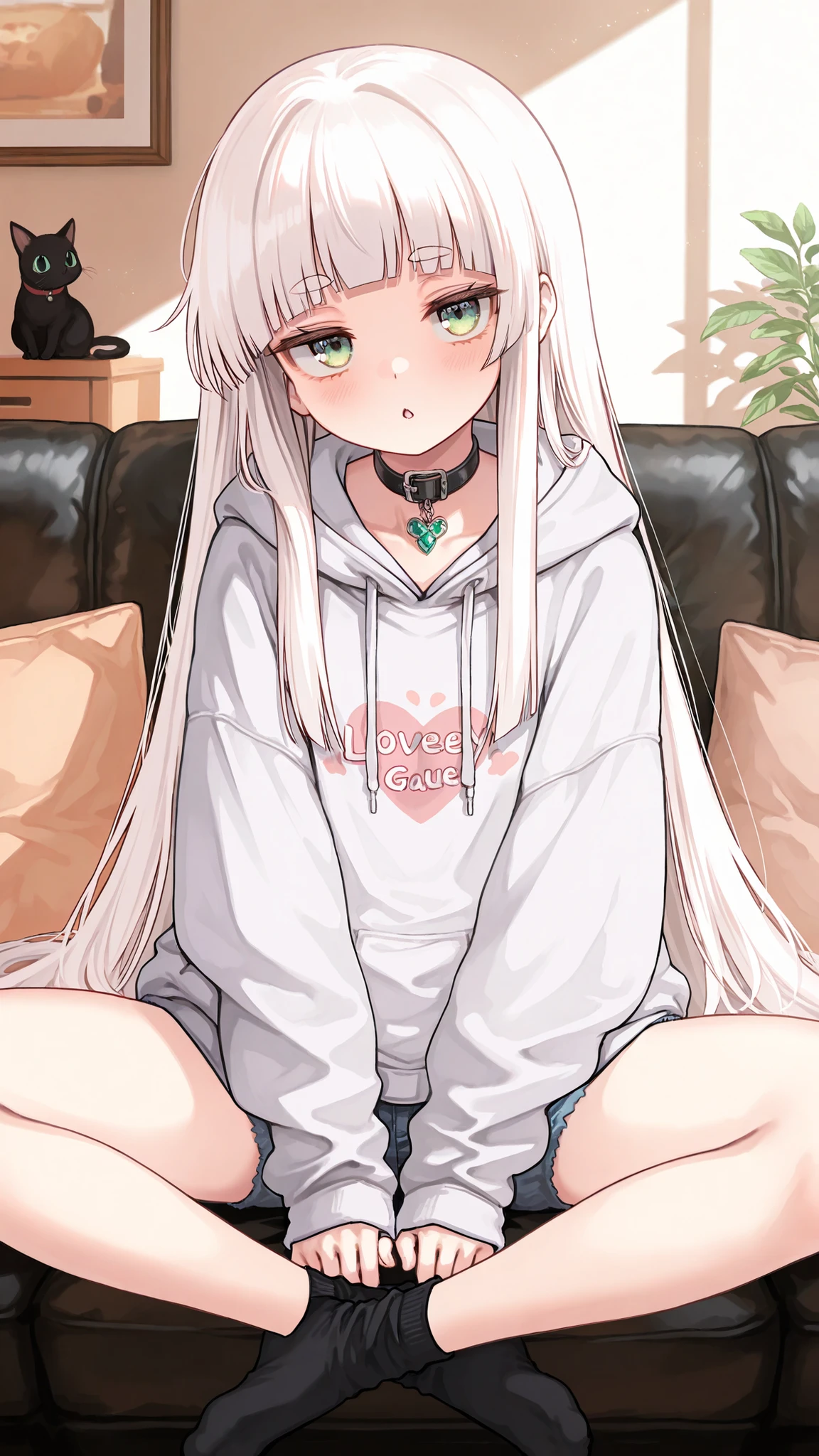 Highest Quality, Ultimate Details, 8K image quality
White Haired Girl,long long hair,Blunt bangs,thick eyebrows, Green Jade Eyes,Saggy Eyes, Kyodong expression, girl sitting,oversized hoodie, Relaxed Hoodie,denim shorts,ankle socks,pet collar choker,adorable face,Innocent Gaze, Tilt your head, well-groomed face, slender body, Delicate Body, Lovely Gesture,pure gaze, Strange Expression,cross-legged,Soft Light,Living Room,sofa,cushions