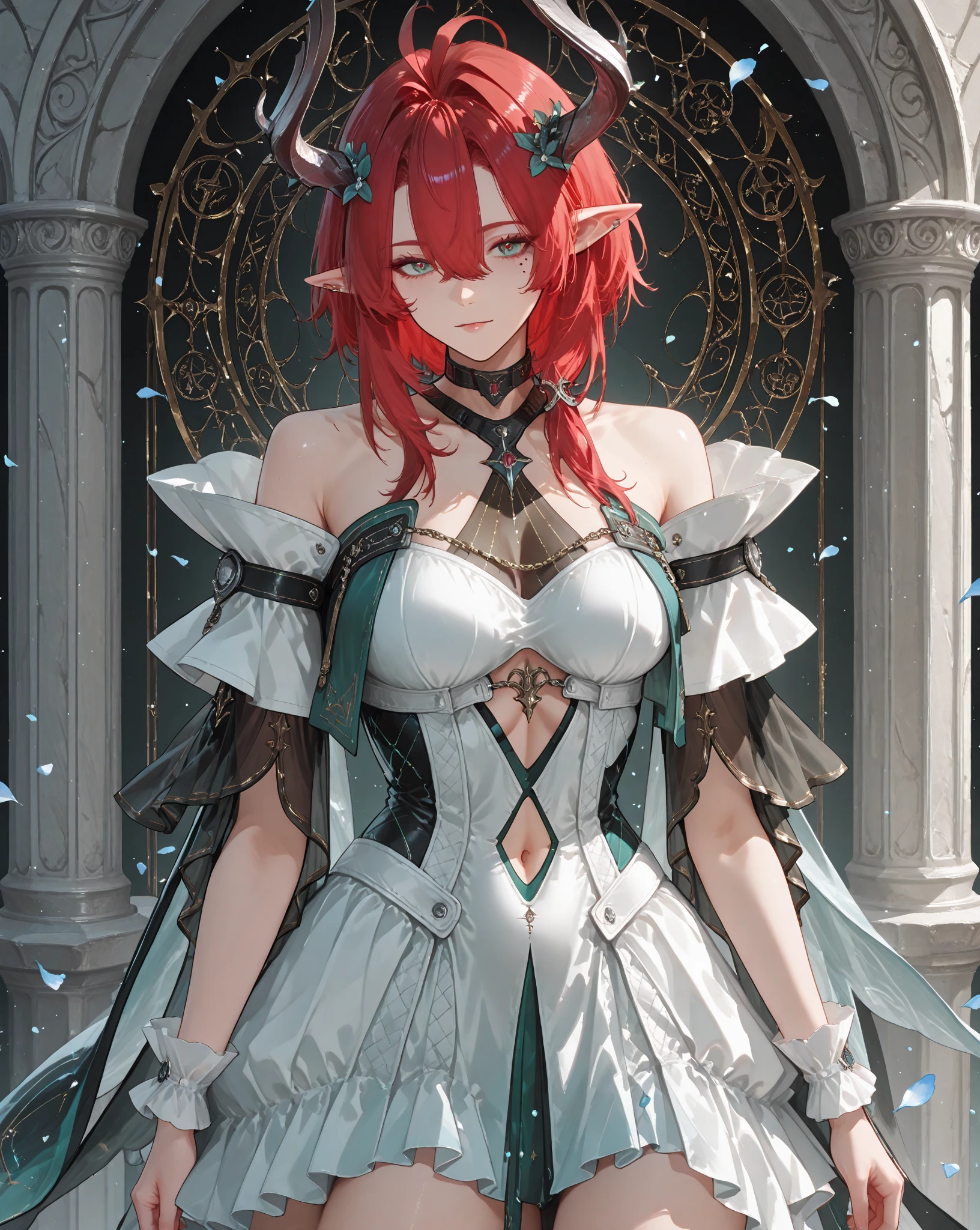 1girll, Bare shoulders, red hair, Blush, Breasts, circle of the crone, cleavage, Closed mouth, dress, elf, Green eyes, head wreath, Huge breasts, laurel crown, short hair, view the viewer, O-ring, O-ring top, Pointy ears, Background in the hallway , Solo, Upper body, White background, White dress,celestine lucullus,Realistis, wings, energy wings, exusiai \(arknights\), (Shiny skin),(Masterpiece:1.4),(Best quality:1.4)