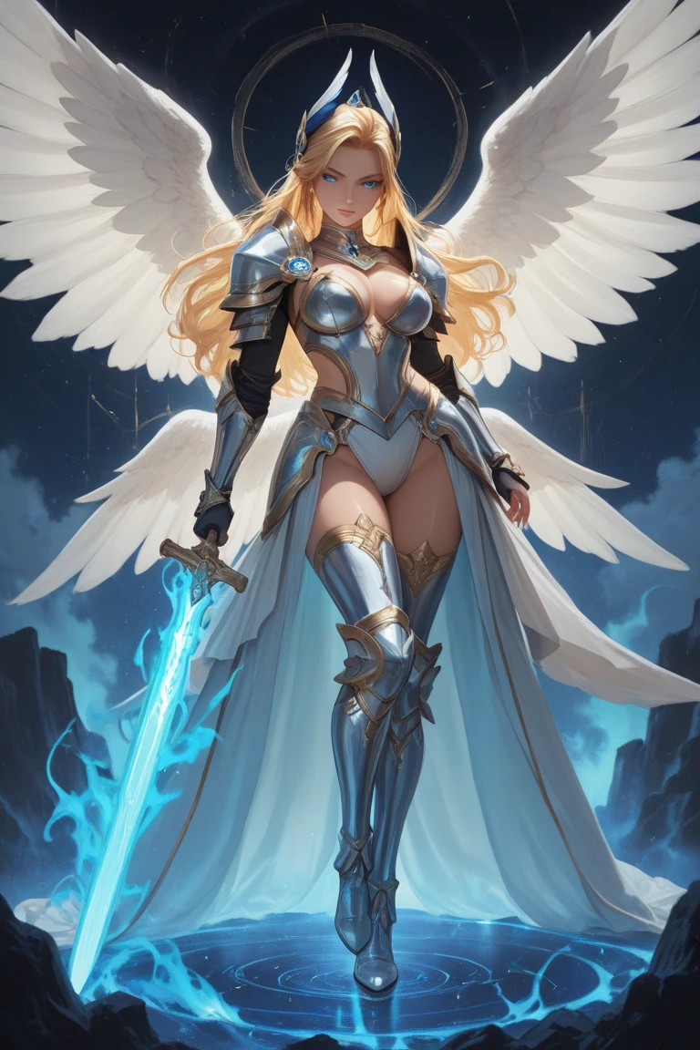 um close up de uma mulher com uma espada e asas, menina do cavaleiro do anjo, Angewomon, Digimon, as a mystical valkyrie, angel in plastic armor, menina bonita do anjo do ciborgue, tall female angel, mystical valkyrie, deusa anime, Artgerm Julie Bell Beeple, Artgerm extremamente detalhado, angel knight gothic girl, Modelo IG | Artgerm