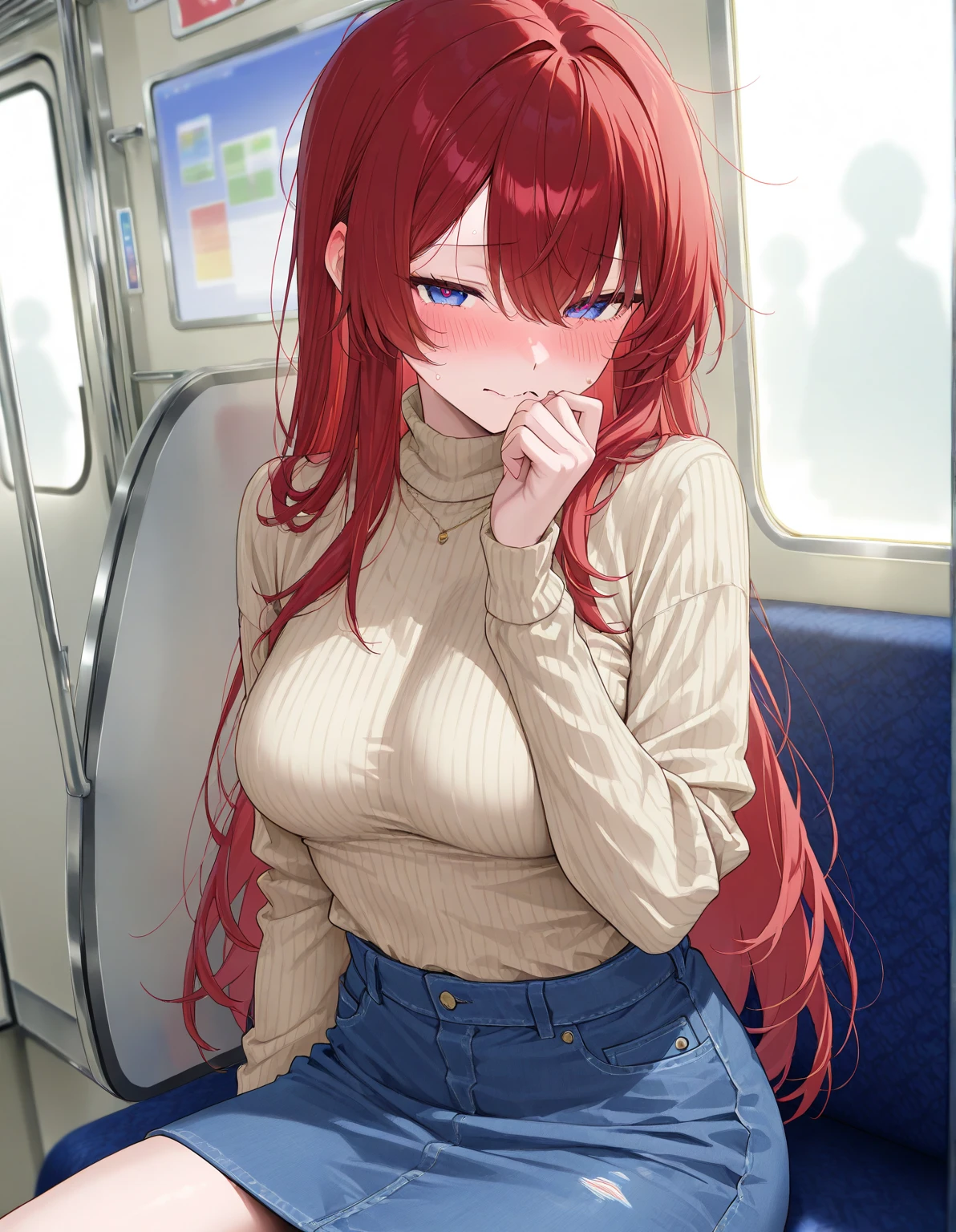 (3heads:1.5), (double cleavage), (tribreasts), (masterpiece, sidelighting, ultra-detailed, finely detailed beautiful eyes: 1.2), 1girl, bag, building, from side, headphones, hood, hood down, hooded jacket, hoodie, jacket, long hair, orange hair, profile, red hair, solo, train, train interior, upper body, Masterpiece, best quality