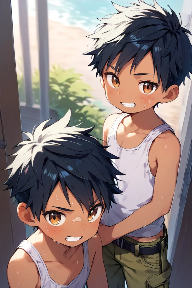 (masterpiece, 3D Anime Style, Learn more, Super detailed), Young cat boy, Cat ear, Tank top, Trained abdominal muscles, Chiseled pectoral muscles, Outdoor, Excited, ((sweating, Very wet, Cum on face, Cum on body, 12))
