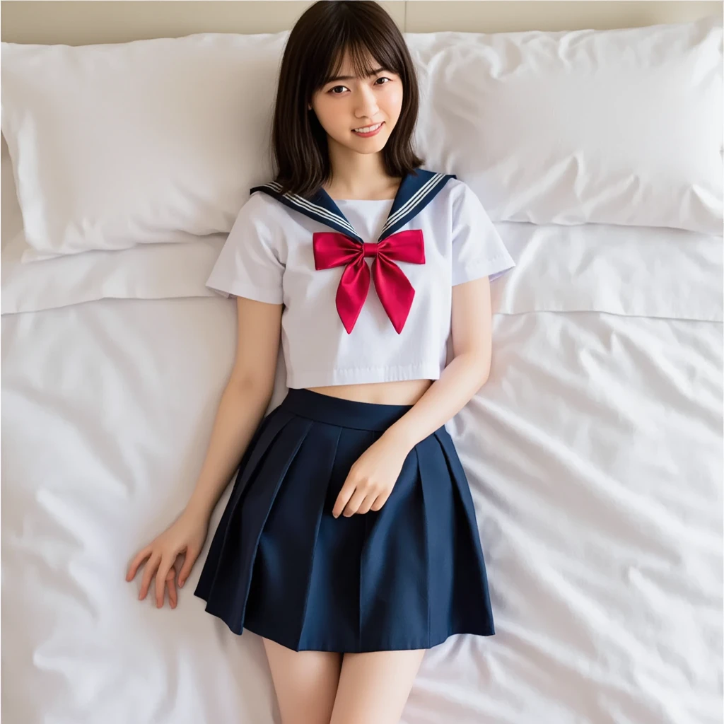 real 18 year old woman、Sleeping in bed、Pink sailor suit、（very short pink skirt）、Pink underwear、Short black hair、Terekami、soio、hight resolution、top-quality