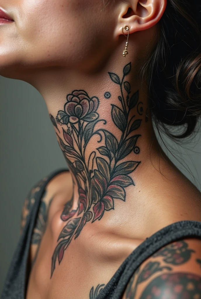 (RAW photo, best quality), (realistic, photo-realistic:1.3),best quality,highly detailed,masterpiece,ultra-detailed,illustration, 1 girl with phoenix tattoo on body, lotus tattoo, sfw:1.5, lace armor, half_body, flower lace bra,