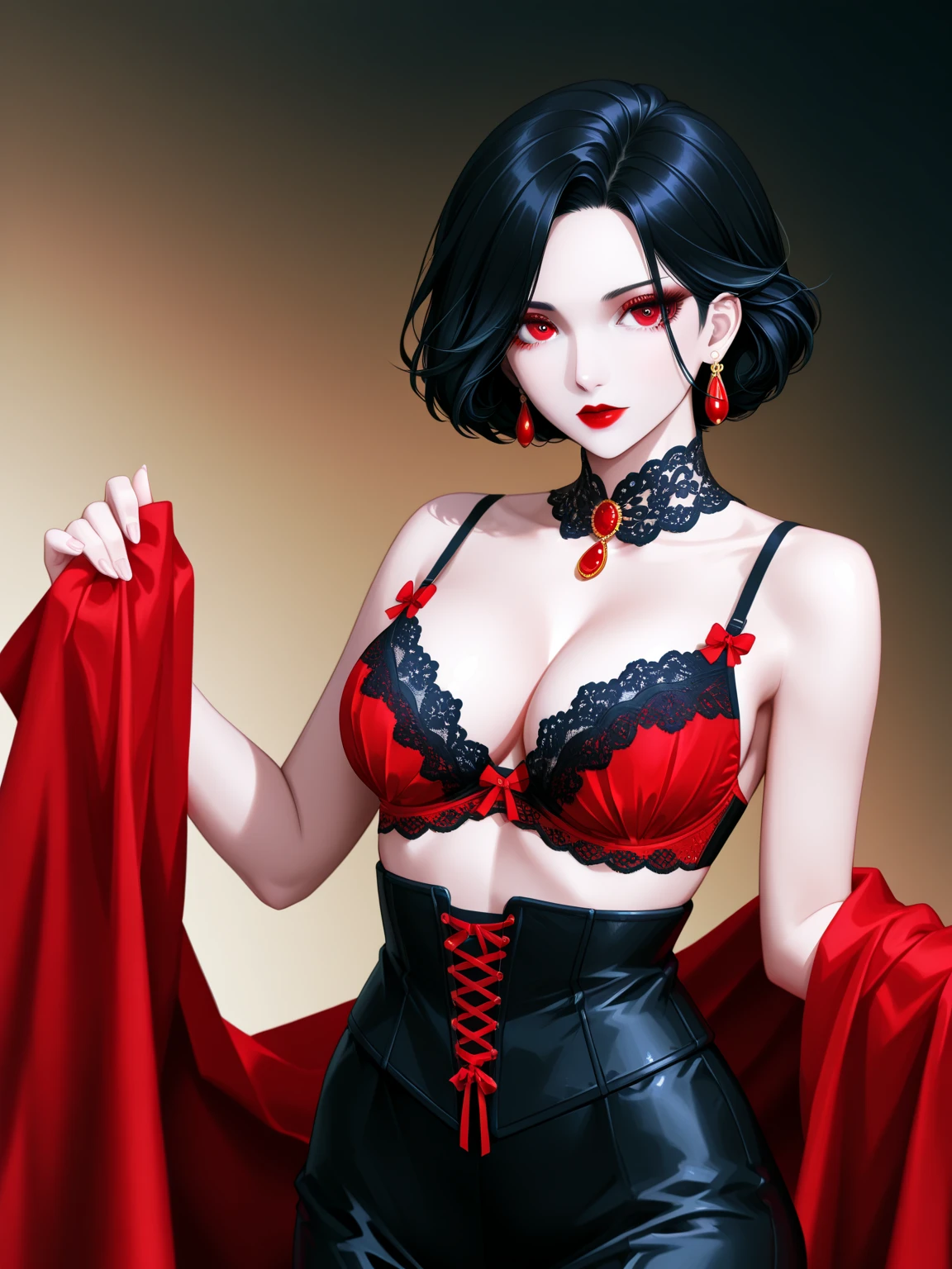 Realistic, 1 girl, see-through chinese armor soft red black, very large breasts, black hair, red lips, detailed eyes , dark backgrou,,Low light, Chinese underwear, best face, Low light landscape, sexy style, royal, Penetration , chinese underwear,bust, Dark background, Detailed face, taken from the belly up