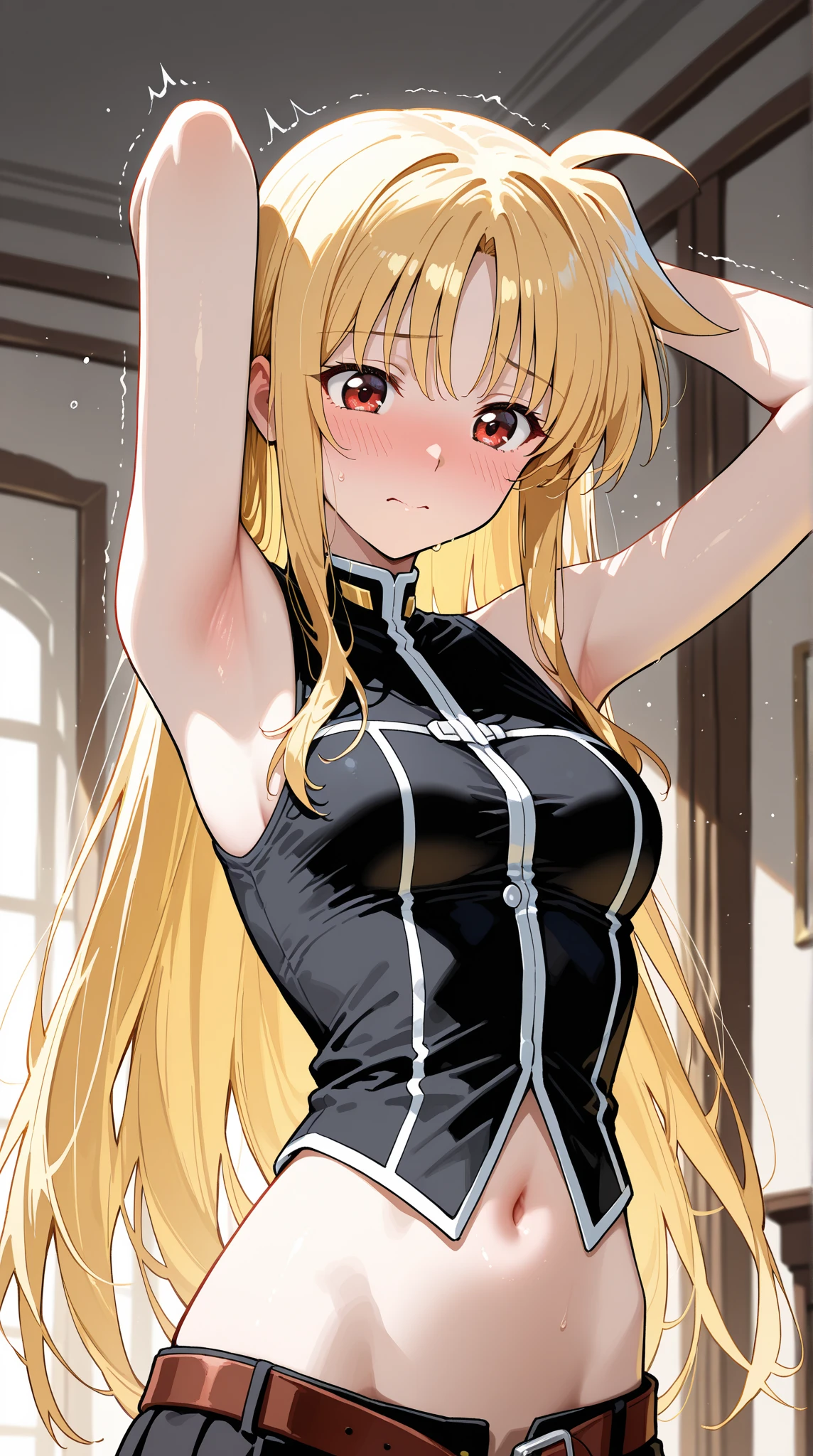 Tabletop, Highest quality, One Girl,Shoot the girl in front, View your audience, cute, good, Mid-chest, Yellow Eyes, Behind Wallenstein, Yellow Hair, Long Hair, Beautiful attention to detail, Embarrassing,blush,is crying,((Raise your arms to show off your armpits:1.3)),Underarm, Sweaty,(Upper Body:1.3), White Dress,Toilet Background, ((spouse, Empowered))
