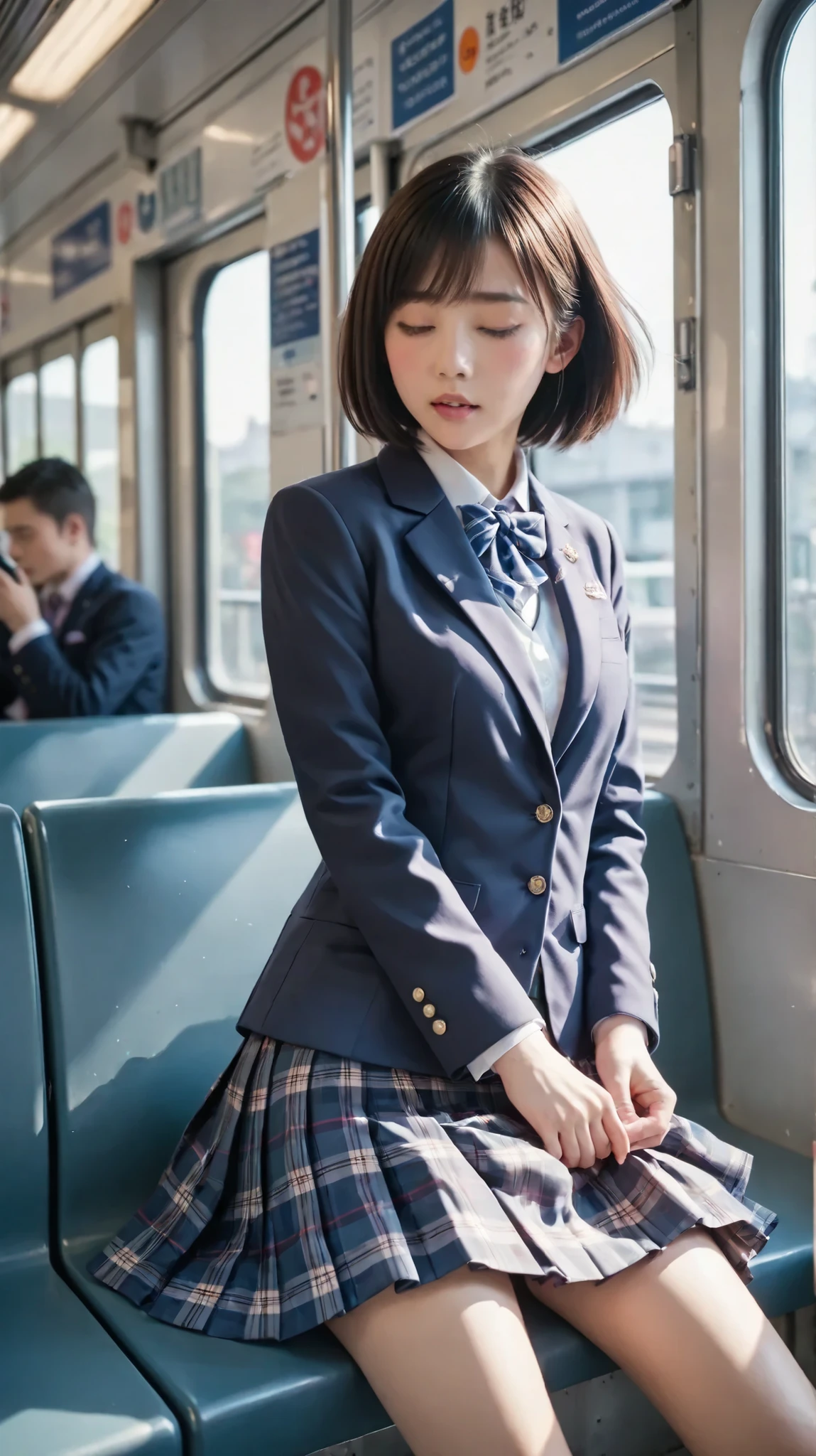 high school girl masturbates on a crowded train,erections,that make the wind rise in the skirt, uniform, blazer behind the face, Plaid Skirt, 服の下にerections