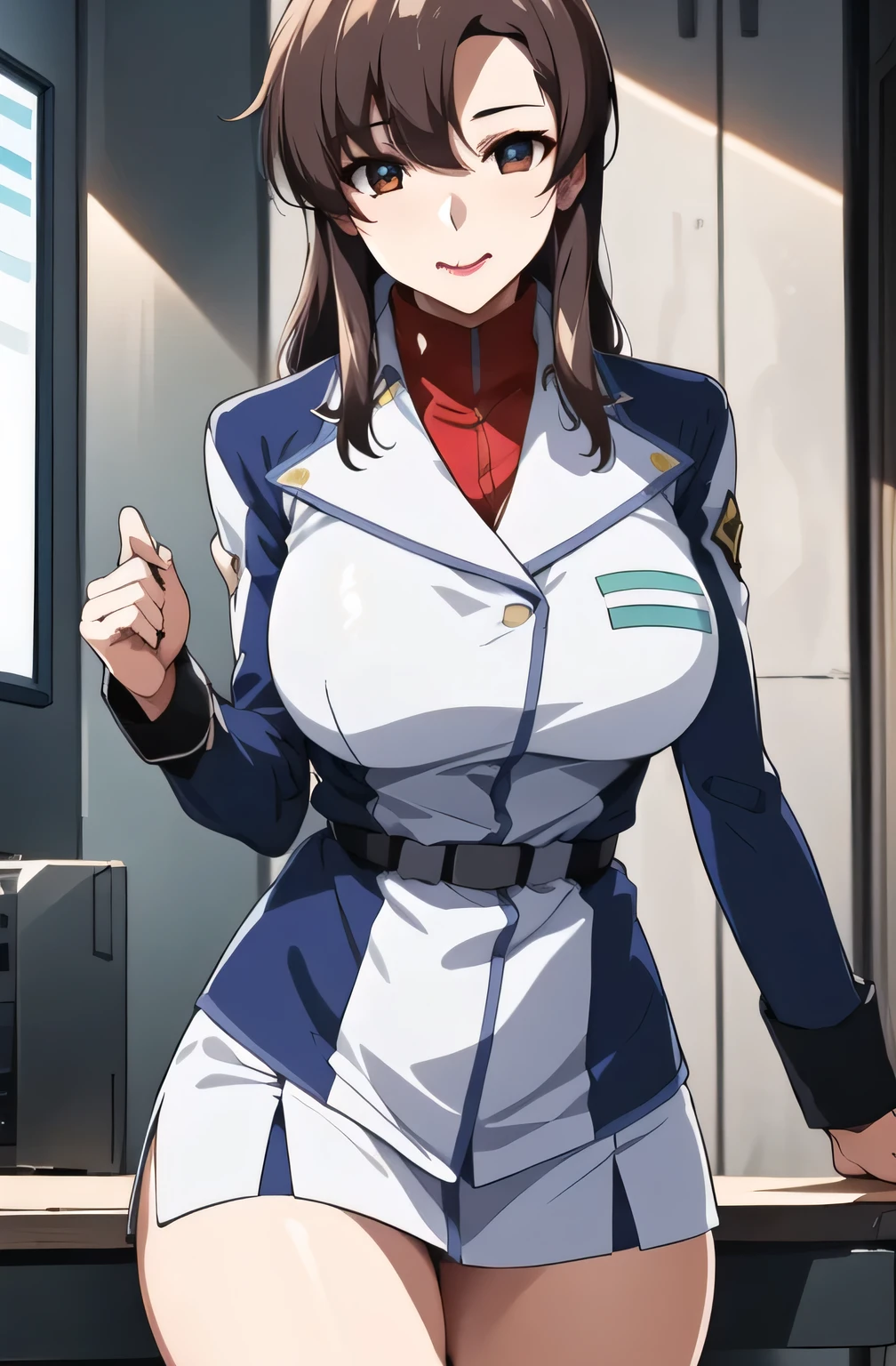  ，garter belt，          2-high stockings                   ，    faceの表情をさらに繊細に描いて下さい，40歳大人のColor気のある女性，，            When You Spread Your Legs           ,  office lady uniform putting hands on documents，スカートの丈をさらに短く描いて下さい faceの表情をもっと繊細に描いて下さい，The skin on the jacket is hidden by the uniform，that's enough for me， faceに表情をさらに繊細に描いて下さい，             simple background    , Please draw big breasts even bigger breasts,巨乳でも                waist                が細い，
Military uniform, Military,              jacket,                              blue and white uniform with two hands on top of each other ,my waist is thin even with big breasts, my whole body，  
前My hair,茶Color_My hair, length_My hair,red eye,Lipstick,compensate,
              1 girl, 40歳大人のColor気のある女性，,                              young woman      ,beautiful Finger,beautiful length legs,beautiful body,beautiful Nose,beautiful character design, perfect eye, perfect  face,expressive eye,                              perfect balance                             ,
 ,(Focus on her  face),                            with her mouth closed              , (innocent_big_eye:1.0),light_笑 face,
             OFFICIAL ART,              very detailedCG 、                        Unity 8k 壁紙               ,  Full light,Colorful,                           Bright          _front in the sky                _ face_lighting,                              white skin,
(masterpiece:1.0),(Highest_quality:1.0),          ,4K,very detailed,
    Photo shoot, 8k,  High image quality,  High image quality,              Ridiculous:1.2,               Kodak Portra 400        ,               film grain  ,          Blurry Background, Bokeh:1.2,               lens flare              , (                   vibrant_Color:1.2),   プロの    Photo shoot ,
(beautiful,grping_men's chest with M letter:1.4), (beautiful_ face:1.5),( is narrow                _                waist                ),Please draw your expression delicately ，It's been inserted and endured in agony、