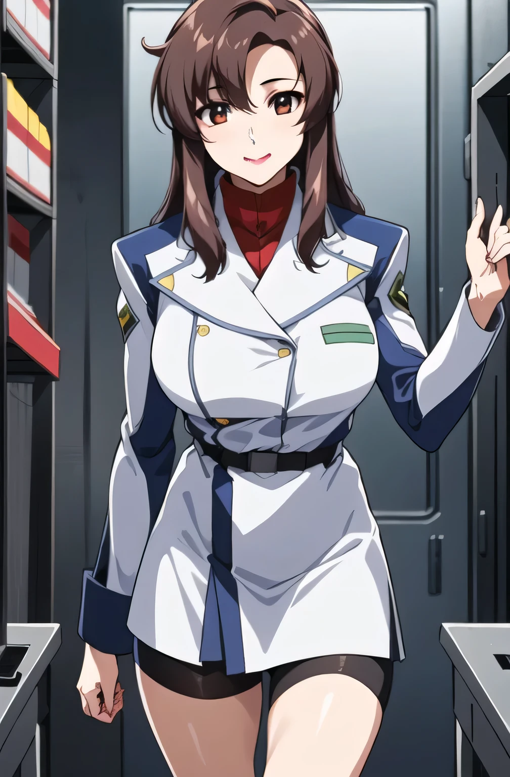 ,garter belt, 2-high stockings , faceの表情をさらに繊細に描いて下さい,40歳大人のColor気のある女性,, When You Spread Your Legs , office lady uniform putting hands on documents,スカートの丈をさらに短く描いて下さい faceの表情をもっと繊細に描いて下さい,The skin on the jacket is hidden by the uniform,that's enough for me, faceに表情をさらに繊細に描いて下さい, simple background , Please draw big breasts even bigger breasts,巨乳でも waist が細い,
Military uniform, Military, jacket, blue and white uniform with two hands on top of each other ,my waist is thin even with big breasts, my whole body,
前My hair,茶Color_My hair, length_My hair,red eye,Lipstick,compensate,
1 girl, 40歳大人のColor気のある女性,, young woman ,beautiful Finger,beautiful length legs,beautiful body,beautiful Nose,beautiful character design, perfect eye, perfect face,expressive eye, perfect balance ,
,(Focus on her face), with her mouth closed , (innocent_big_eye:1.0),light_笑 face,
OFFICIAL ART, very detailedCG 、 Unity 8k 壁紙 , Full light,Colorful, Bright _front in the sky _ face_lighting, white skin,
(masterpiece:1.0),(Highest_quality:1.0), ,4K,very detailed,
Photo shoot, 8k, High image quality, High image quality, Ridiculous:1.2, Kodak Portra 400 , film grain , Blurry Background, Bokeh:1.2, lens flare , ( vibrant_Color:1.2), プロの Photo shoot ,
(beautiful,grping_men's chest with M letter:1.4), (beautiful_ face:1.5),( is narrow _ waist ),Please draw your expression delicately ,It's been inserted and endured in agony、