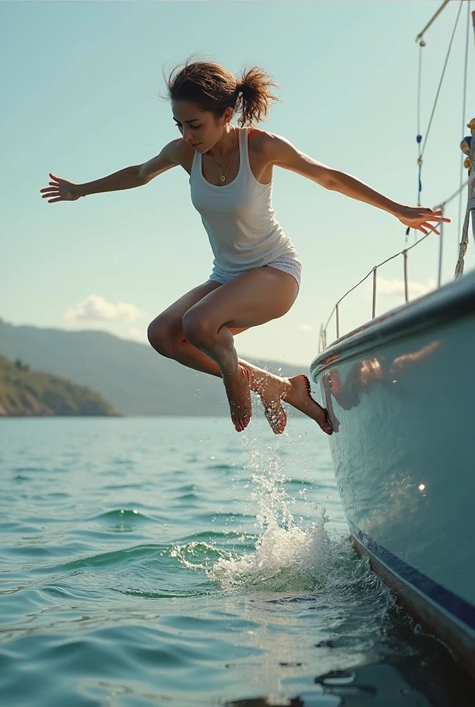 A sexy hot 26-year-old model with a striking presence and confident demeanor is captured in a breathtaking moment. She is wearing a red patterned bikini, and her natural wavy blonde hair flows behind her as she leaps from the back of a yacht into the clear blue water. The scene is set in bright sunlight, highlighting her features and the water’s sparkle. The photograph is high quality, with vibrant colors, clear details, and well-balanced exposure. It avoids any unwanted artifacts or distortions and is presented without any watermarks, text, or logos. The image is realistic and natural, capturing the excitement and grace of the moment as she splashes into the water. She have big breasts and ass. She is Sexy Hot. Detailed Face and Skin (worst quality, low quality, normal quality, low resolution, low details, oversaturated, undersaturated, overexposed, underexposed, grayscale, black and white, bad photo, bad photography, bad art:1.4), (watermark, signature, text font, username, error, logo, words, letters, digits, autograph, trademark, name:1.2), (blur, blurry, grainy), morbid, ugly, asymmetrical, mutated, malformed, mutilated, poorly lit, bad shadow, draft, cropped, out of frame, cut off, censored, JPEG artifacts, out of focus, glitch, duplicate, (airbrushed, cartoon, anime, semi-realistic, CGI, render, Blender, digital art, manga, amateur:1.3), (3D, 3D Game, 3D Game Scene, 3D Character:1.1), (bad hands, bad anatomy, bad body, bad face, bad teeth, bad arms, bad legs, deformities:1.3, bad skin, small boobs, small breasts)
