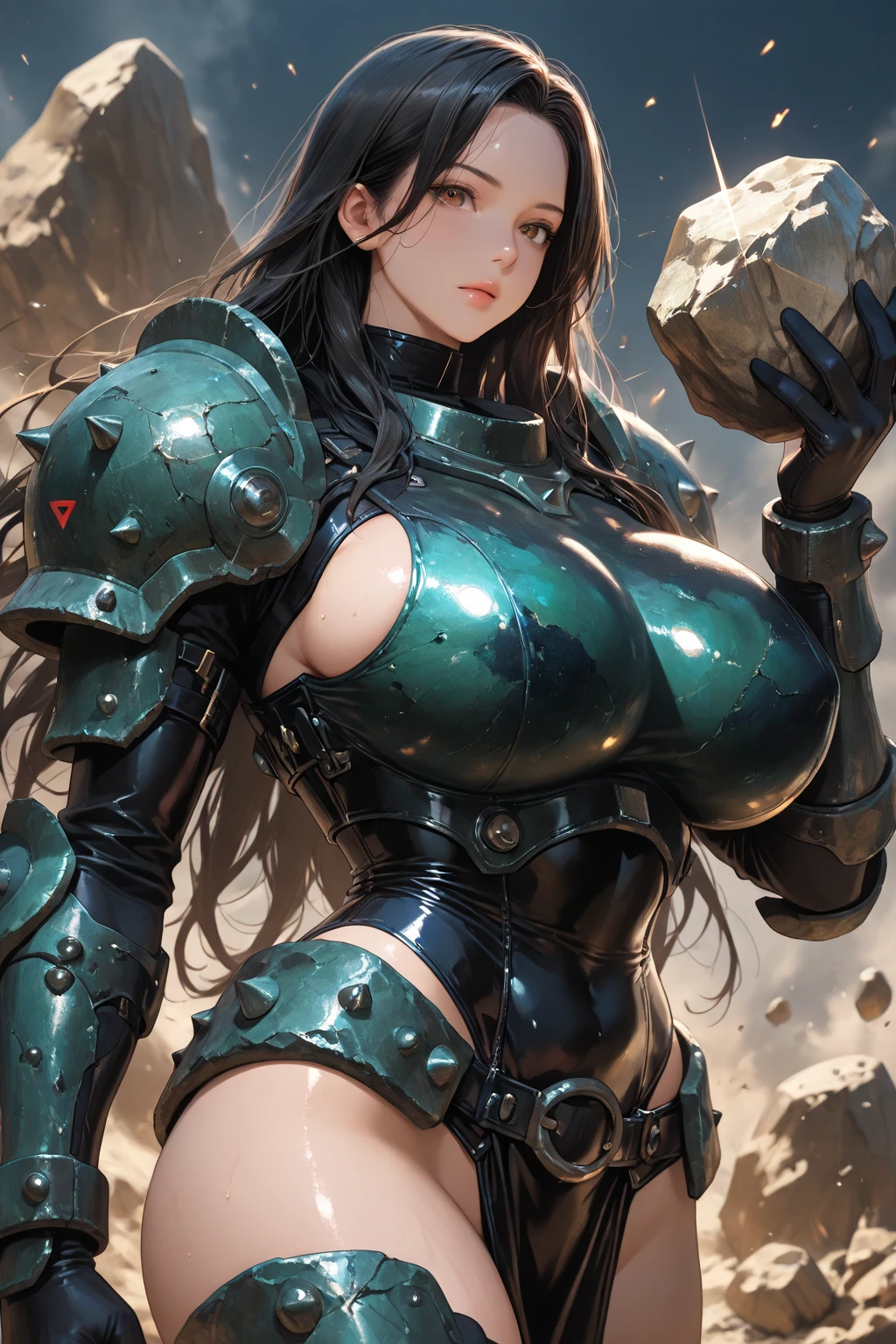 masterpiece, best quality, 1girl, looking at viewer, breasts, outdoors, lens flare, depth of field, light particles, <lora:mirabell-nvwls-v1:.95> mirabell, dark skin, hair ornament, ponytail, armor, shoulder armor, green leotard, cleavage, armored legwear, gloves