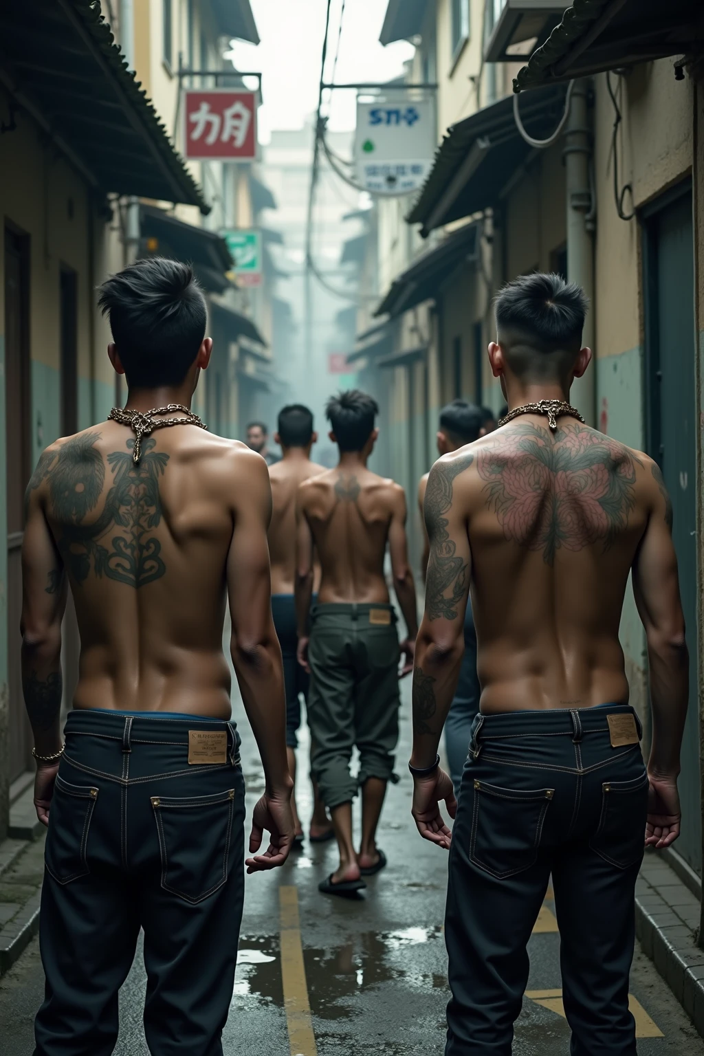 Full body image of handsome Korean, 2 guys , 18 year olds standing sideways backs to the viewer, turn half face,rainy Bangkok alley, naked ass,