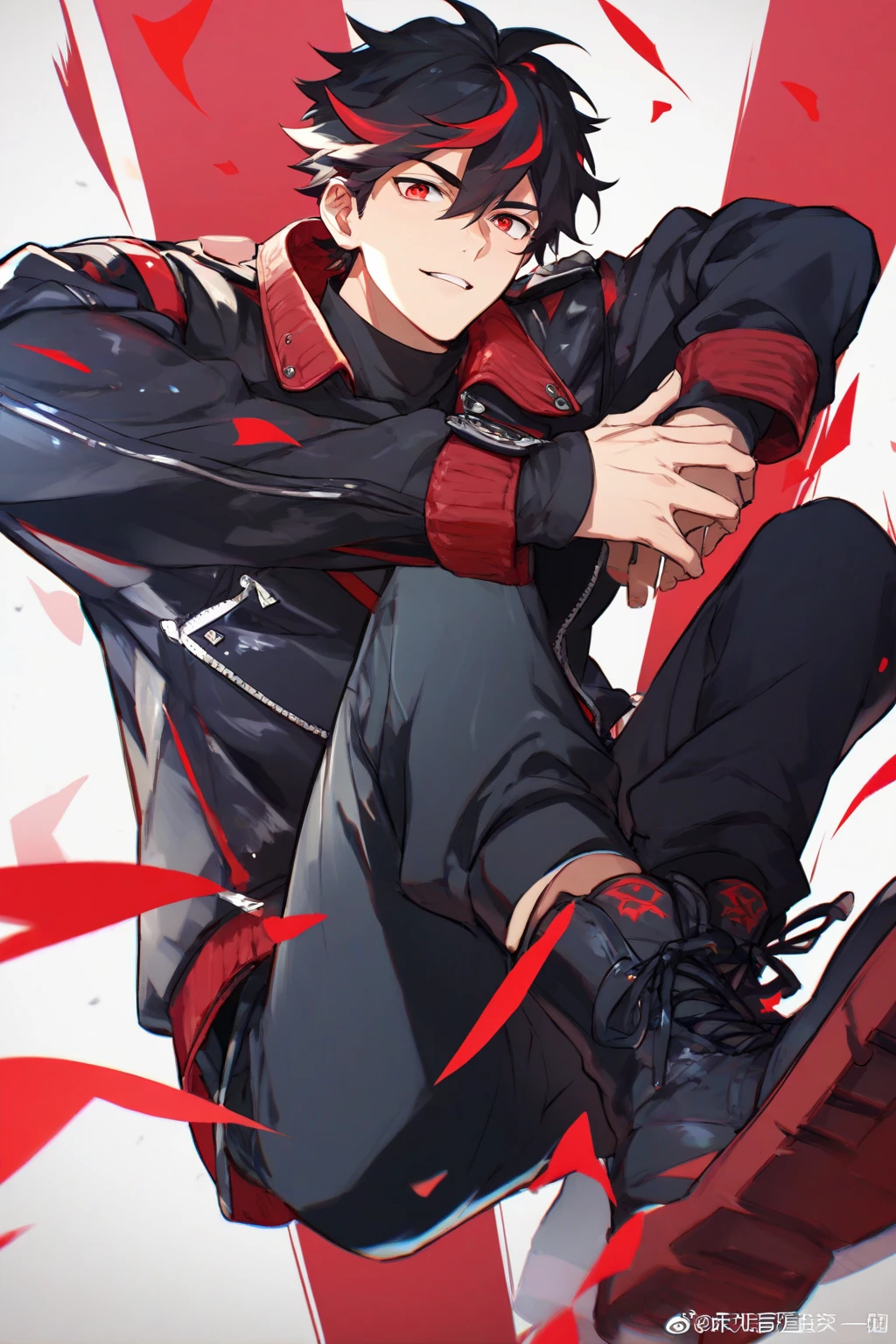 young man, has a good body, quite muscular, buz zcut hairstyle, full body, black undershirt, red jacket, red eyes, black shorts, red sneakers, necklace accessories, grinning, have fangs, Aquarius tattoo on left arm.