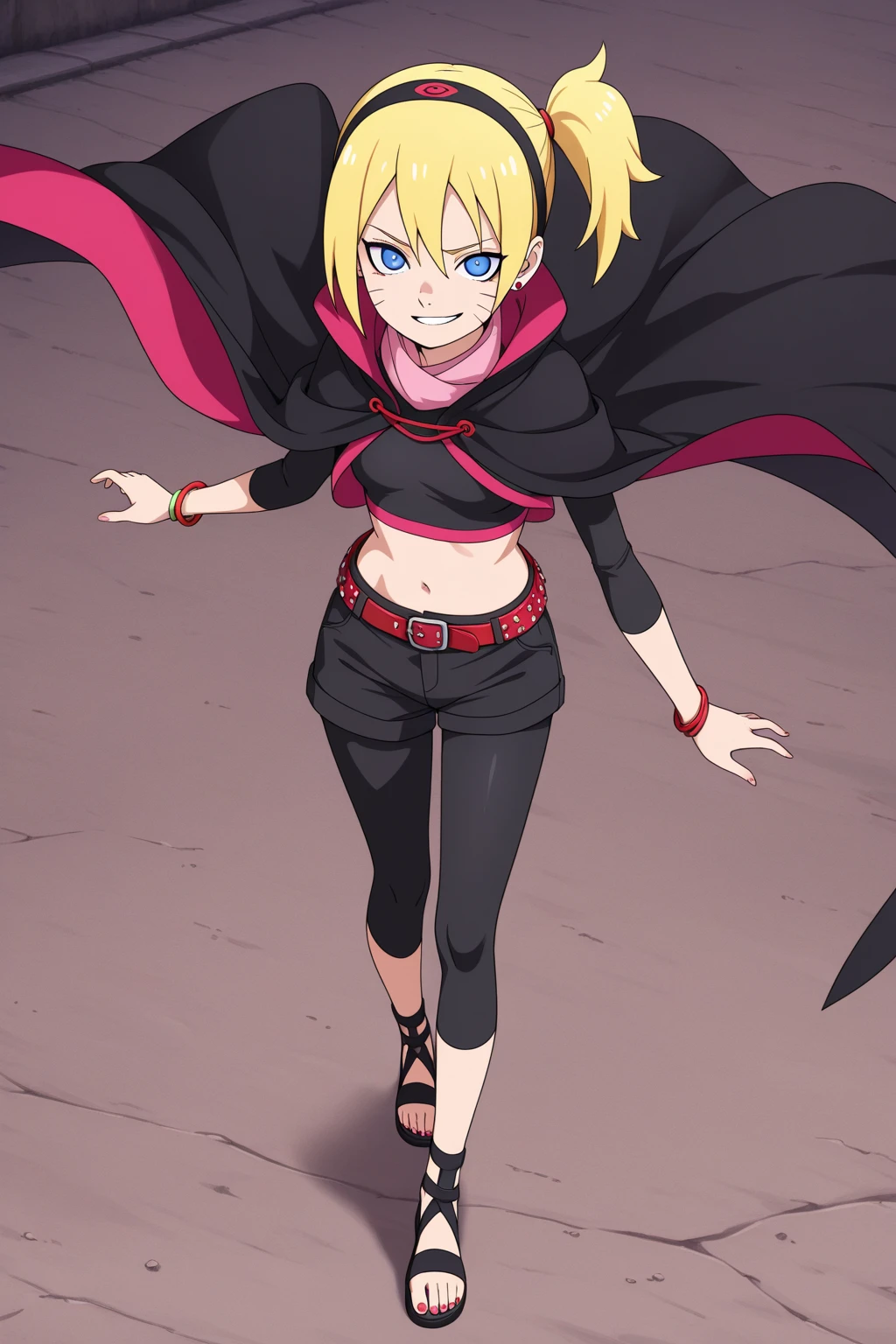 [medusa gorgon], [soul eater], [Uploaded to .xxx; (kingmaster), (shosho_oekaki), (nekololisama)], ((masterpiece)), ((HD)), ((high res)), ((detailed shading)), ((soft lighting)), ((1girl)), ((solo portrait)), ((cowboy shot)), ((front view)), ((full body)), ((cute anime girl)), {(blonde noose hair), (cute yellow eyes), (half-closed eyes), (snake tattoos), (small ), (gorgeous wide ), (thick thighs), (beautiful feet), (smug grin)}, {(black hood), (sleeveless shirt), (detailed ), (black jumpsuit), (thing straps)}, {(standing), (looking ahead)}, [background; (cave), (nighttime), (dark lighting), (ambient lighting)]