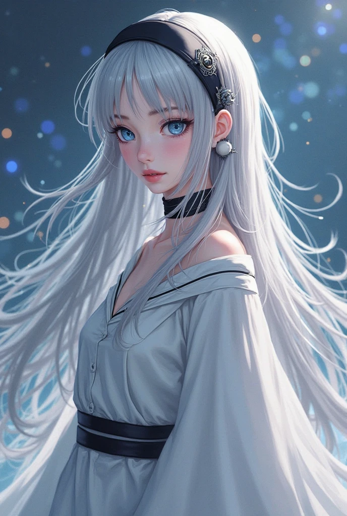 A woman with long white hair and blue eyes standing in front of a full ...
