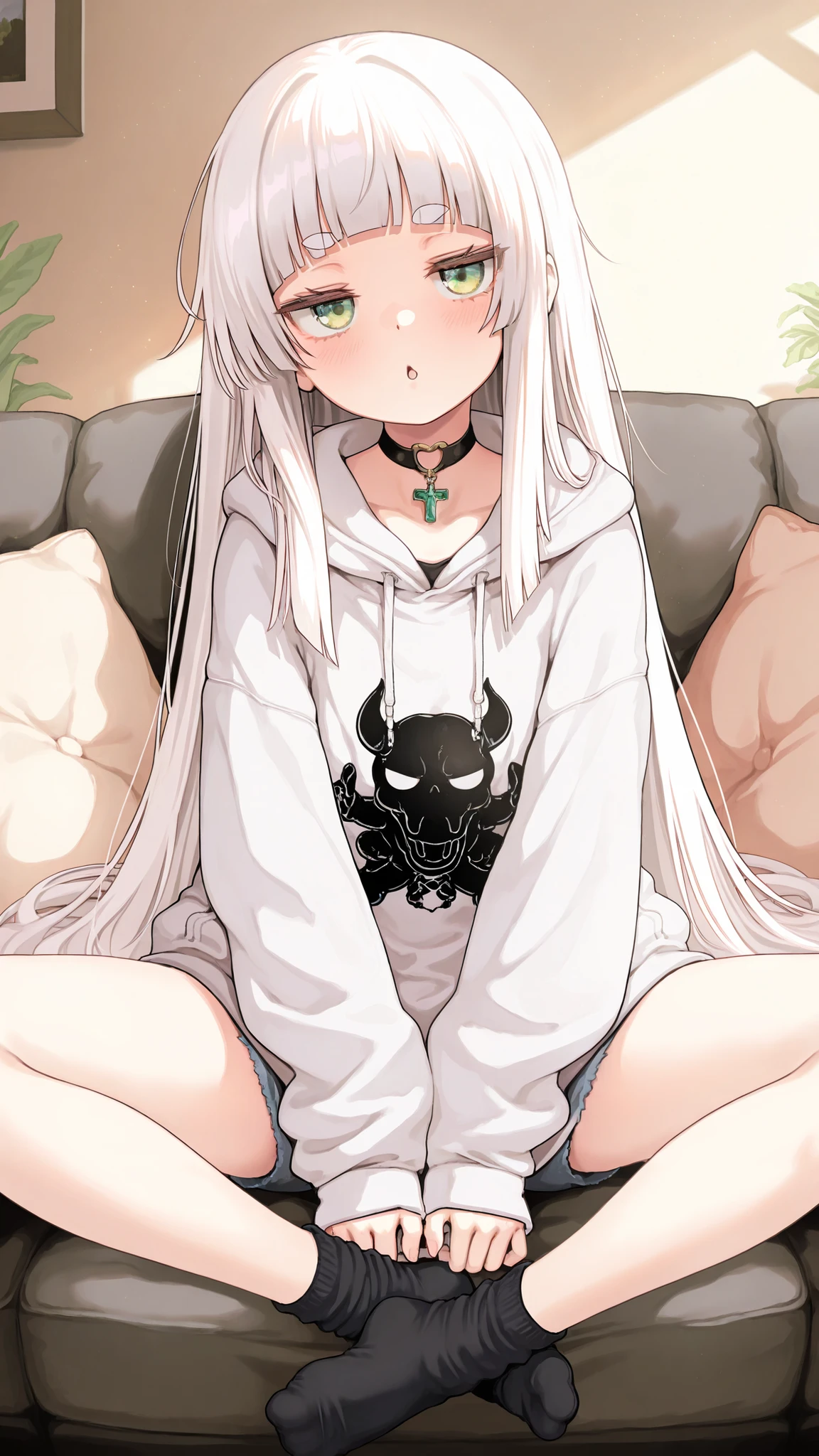 Highest Quality, Ultimate Details, 8K image quality
White Haired Girl,long long hair,Blunt bangs,thick eyebrows, Green Jade Eyes,Saggy Eyes,Eyes facing obliquely,Toro eye, Kyodong expression, girl sitting,oversized hoodie, Relaxed Hoodie,denim shorts,ankle socks,collar choker,adorable face,Innocent Gaze, Tilt your head, well-groomed face, slender body, Delicate Body, Lovely Gesture,pure gaze,Strange Expression,cross-legged,Soft Light,Living Room,sofa,cushions, body pillow,sock toe